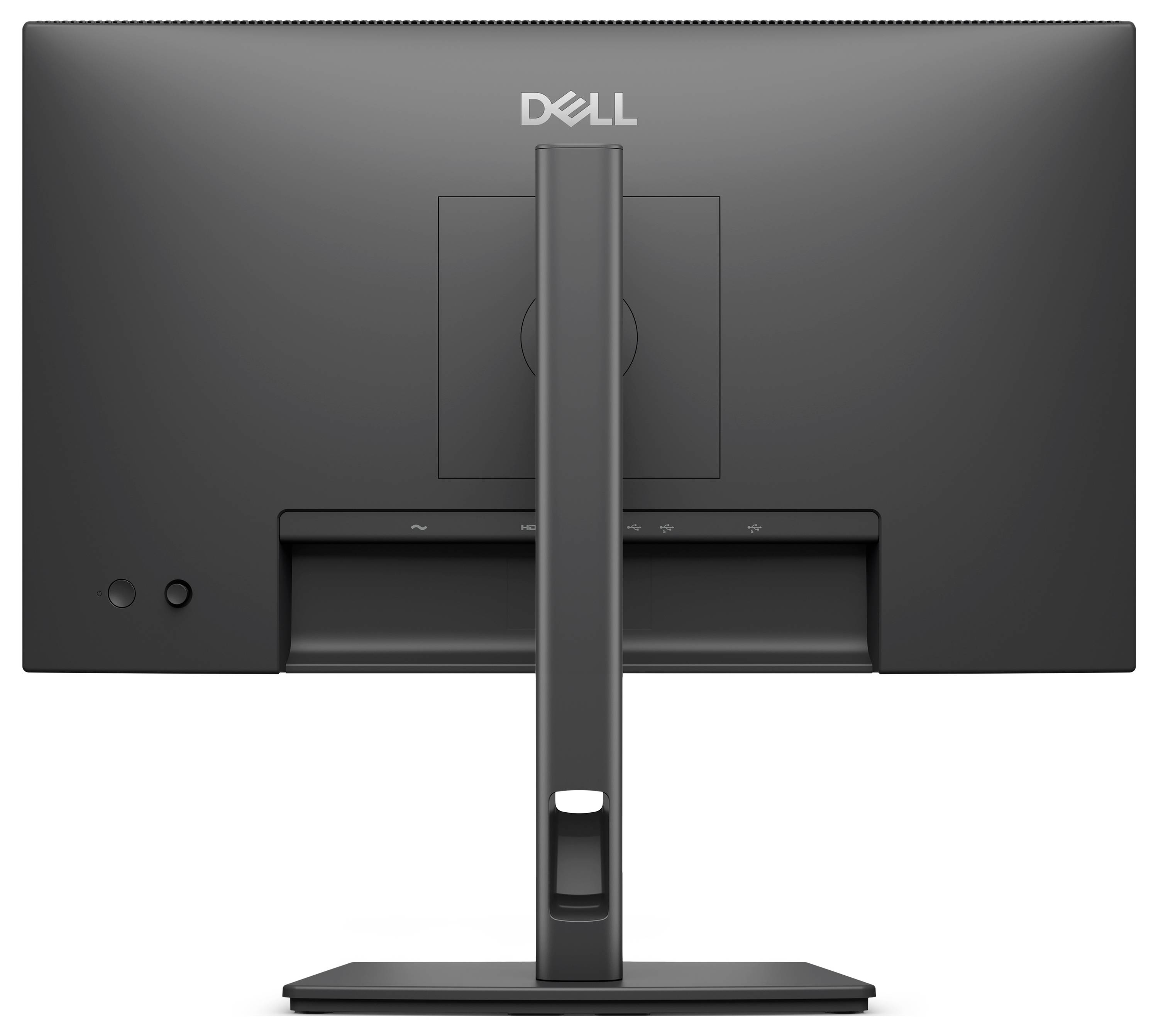 Zadní pohled na počítačový monitor Dell na stojanu, ukazující zadní panel a centrální podpůrný sloup.