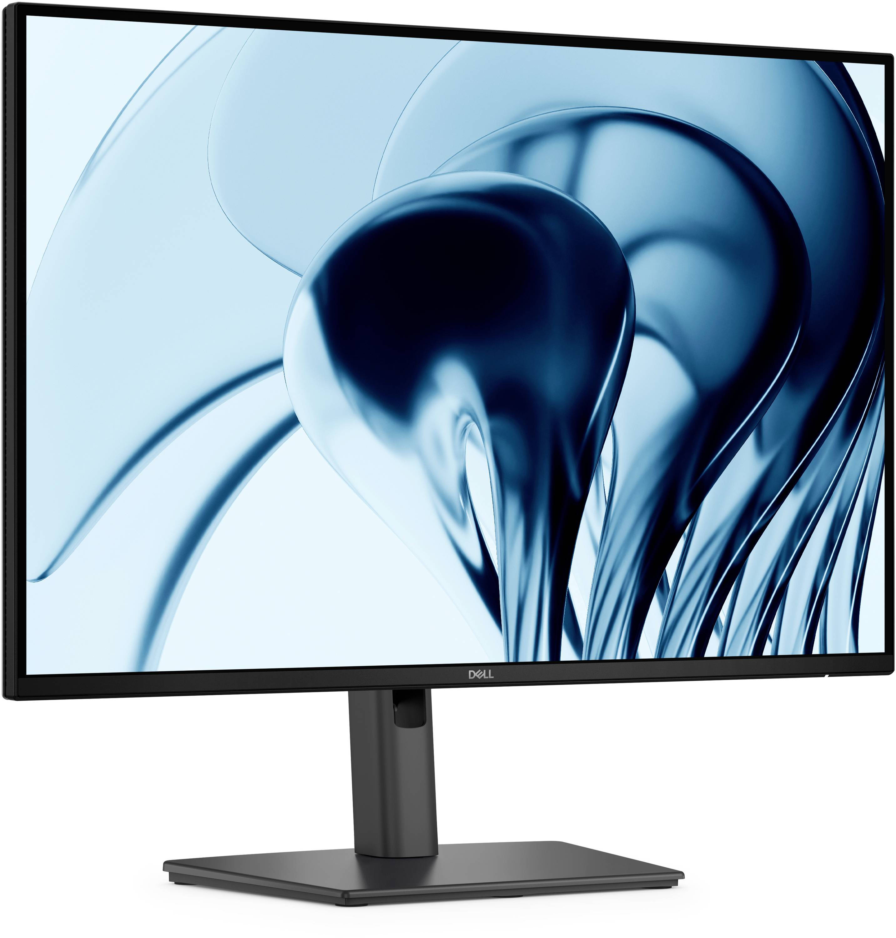 Černý monitor Dell počítače zobrazující abstraktní modré tekuté tvary na světlém pozadí.