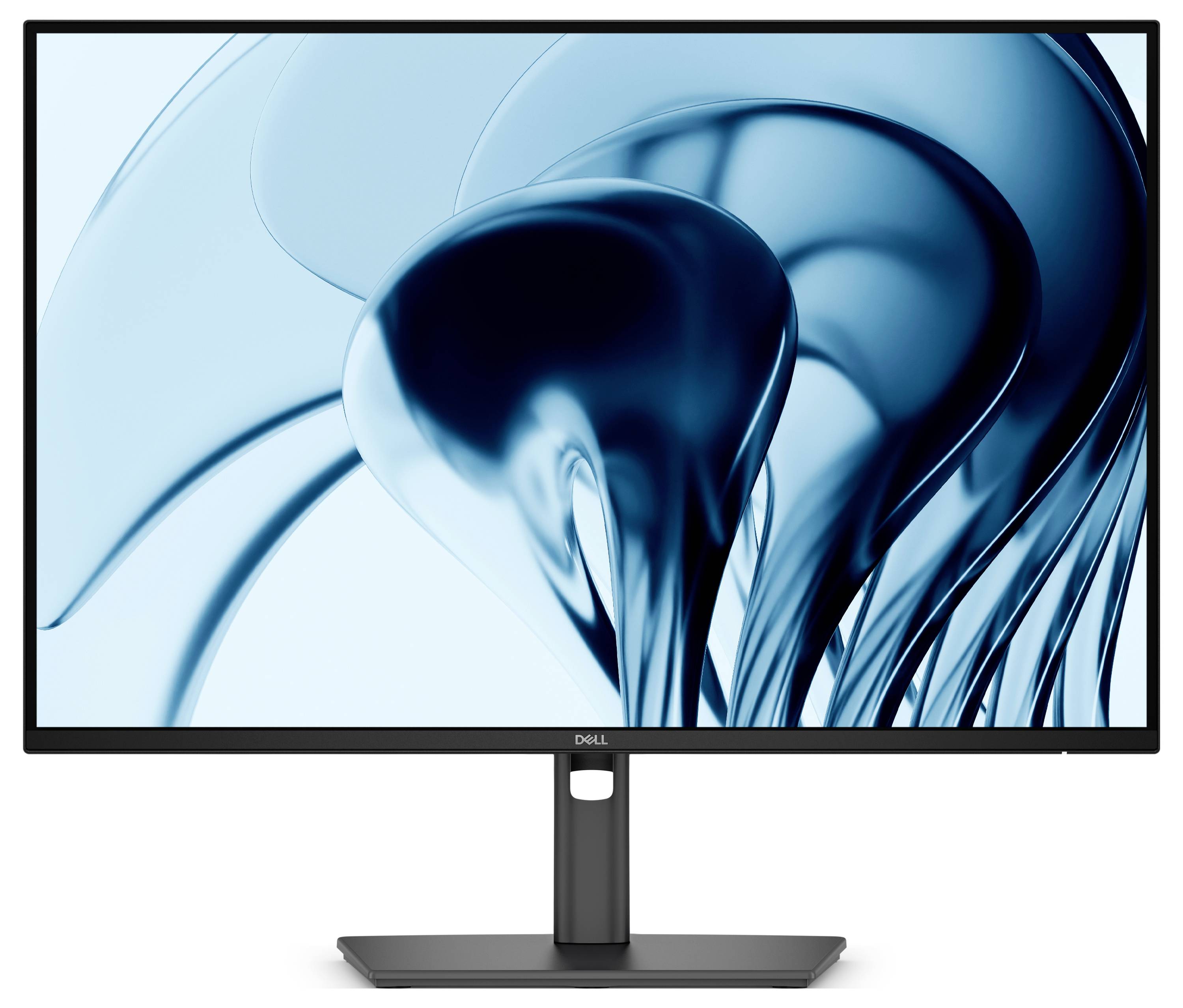Černý monitor stolního počítače Dell zobrazující červenou abstraktní vlnku na bílém pozadí.