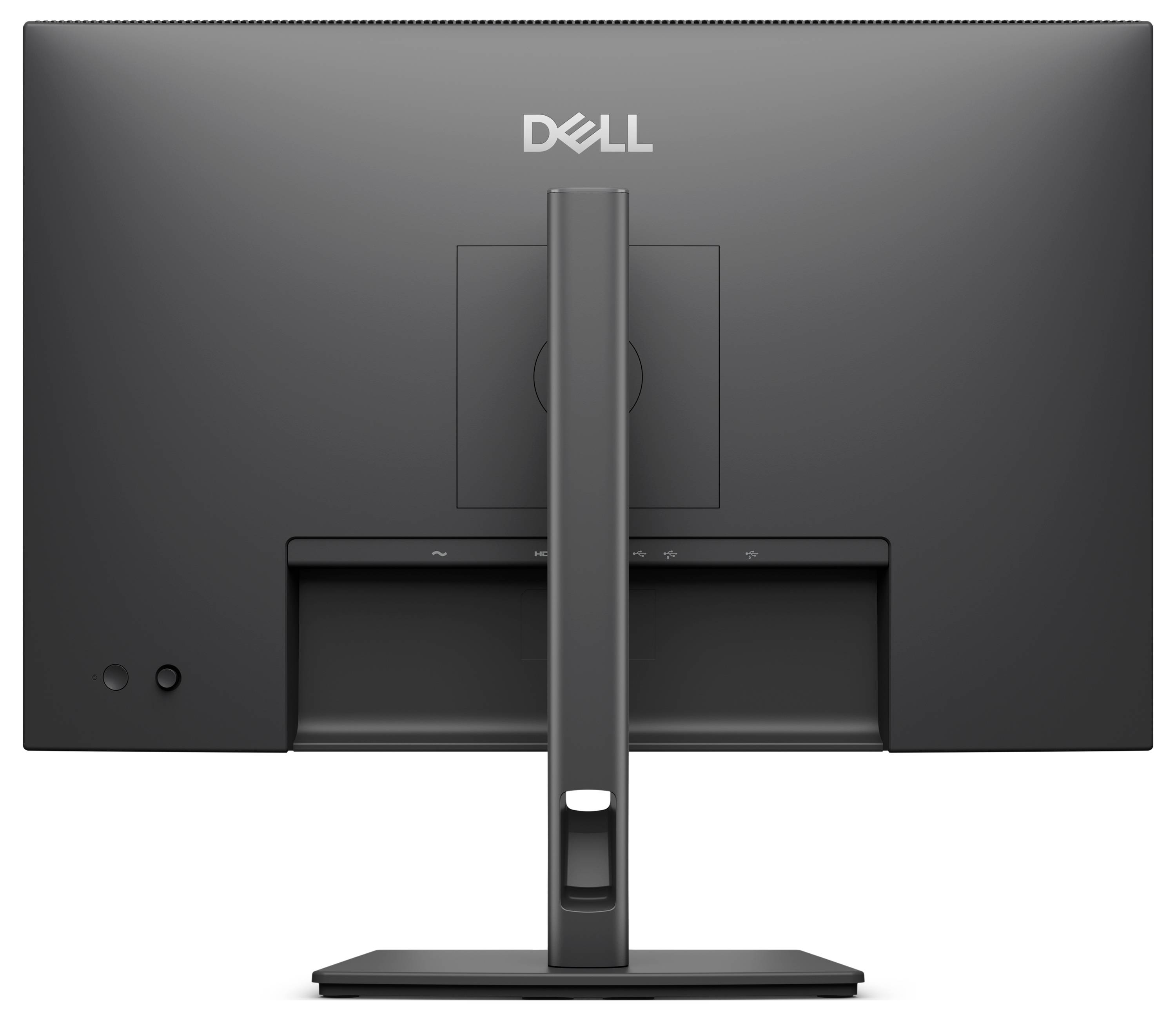 Zadní pohled na monitordesktop Dell na stojanu, ukazující zadní panel, centrální úchyt a vestavěnou oblast správy kabelů.