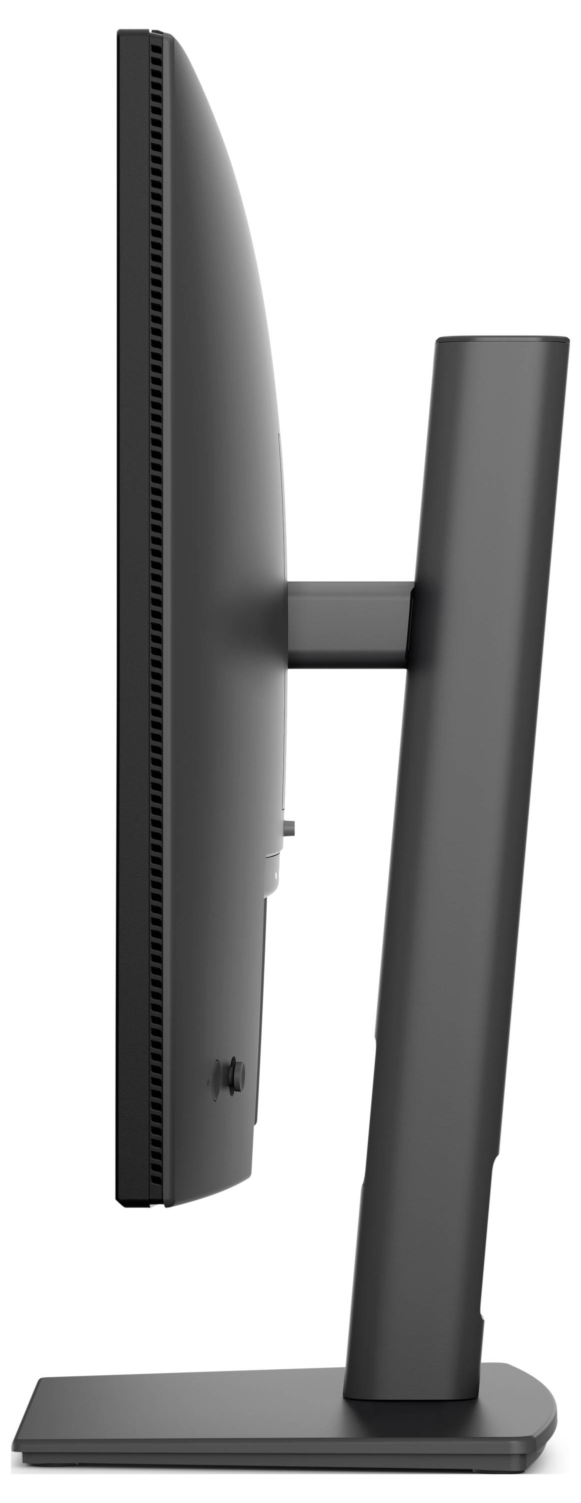 Boční pohled na elegantní desktopový monitor na obdélníkovém stojanu, ukazující štíhlou stříbrnou podporu a černý displej.