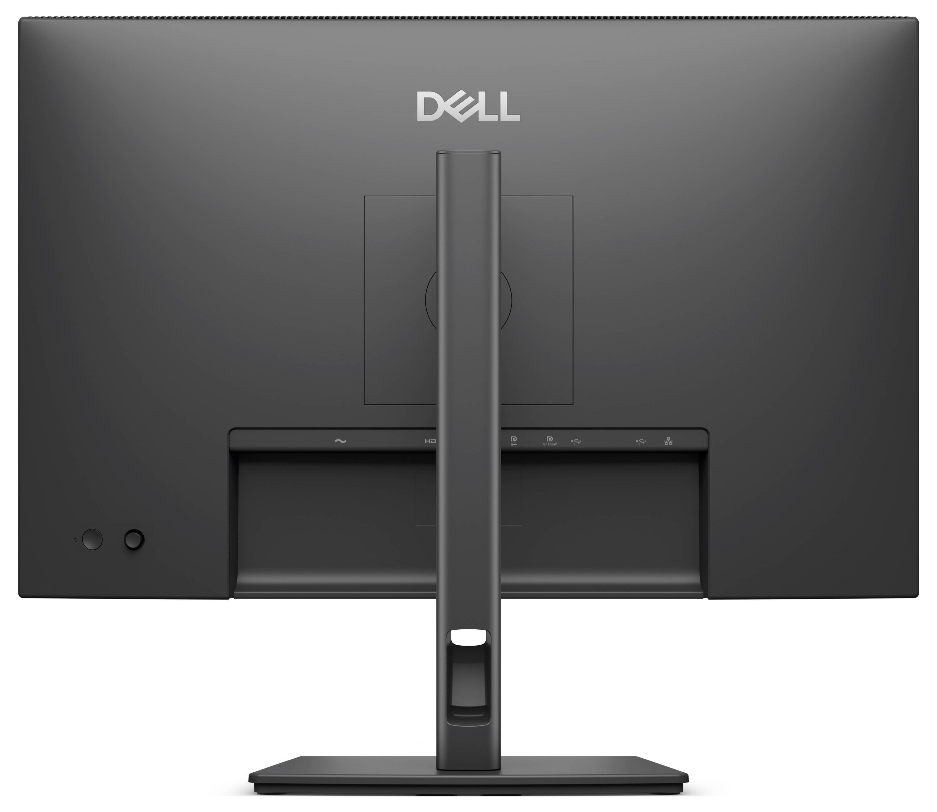Zadní pohled na počítačový monitor Dell na stojanu, ukazující centrální podpůrný sloup a otvor pro vedení kabelů.