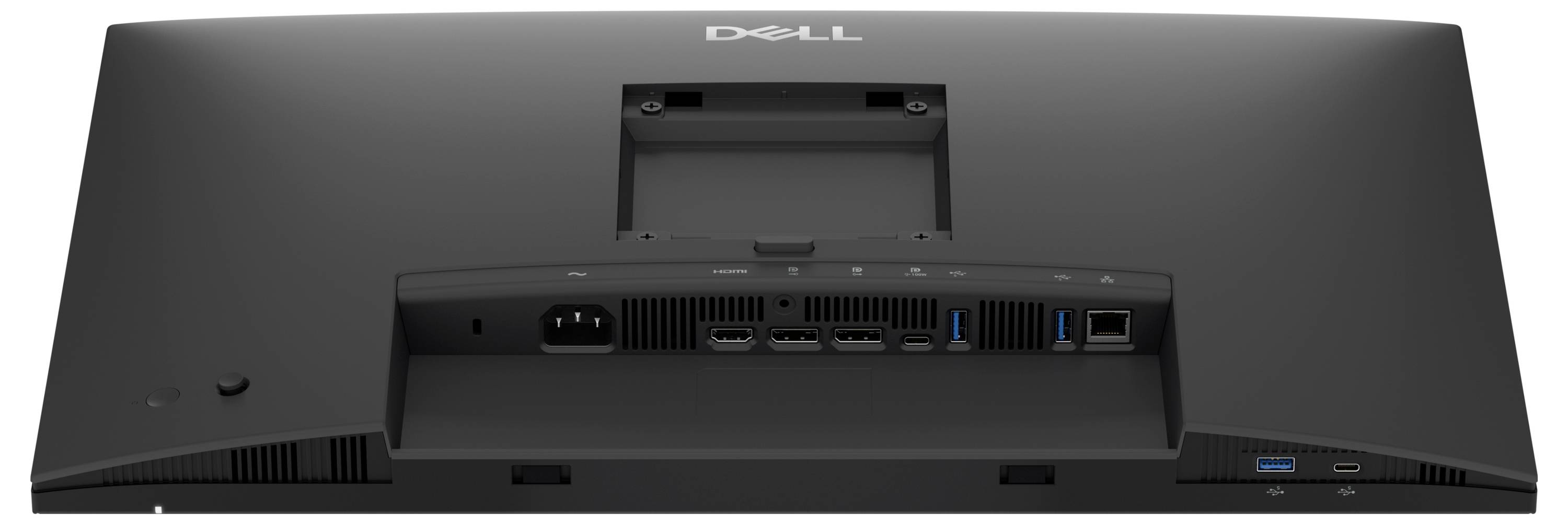 Zadní pohled na monitorový displej Dell all-in-one ukazující VESA upevnění, porty vstupů/výstupů na zadní straně a zářez pro vestavěný stojan.