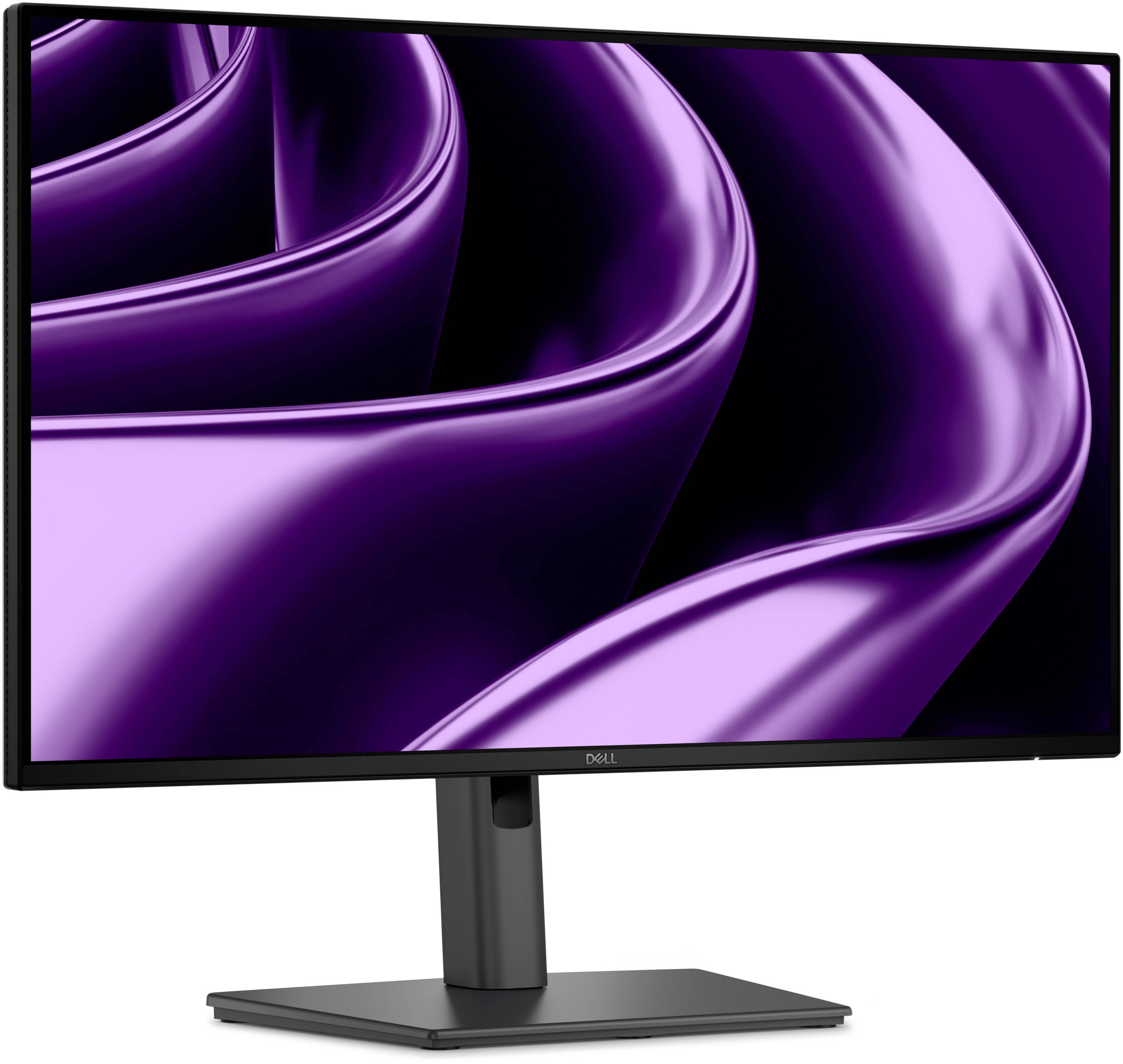 Dell monitor zobrazující abstraktní fialové tvary pásky na černé obrazovce, umístěný na stojanu před bílým pozadím.
