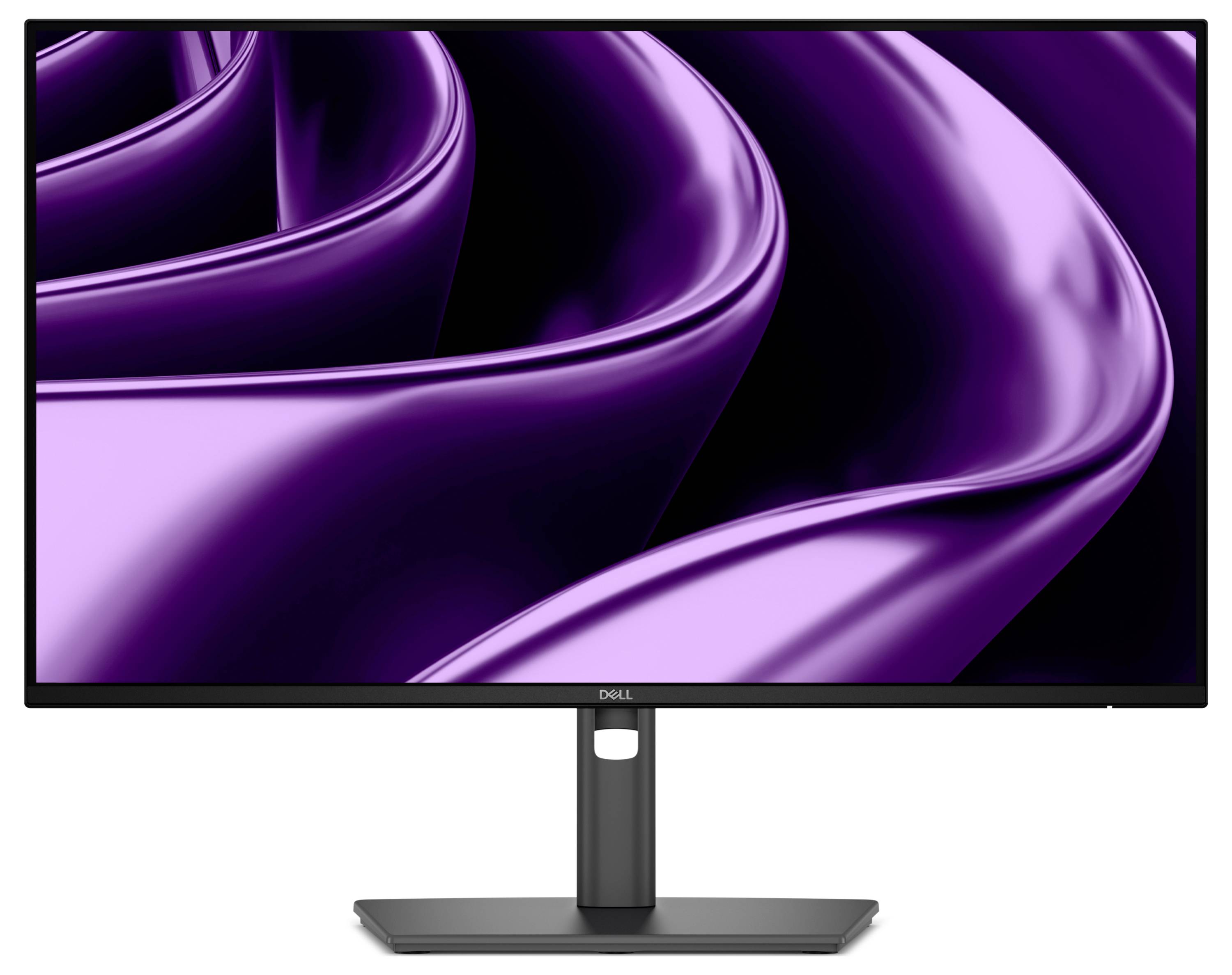 Dell počítačový monitor zobrazující abstraktní tyrkysové a černé vlnící se tekutinové tvary na bílém pozadí.