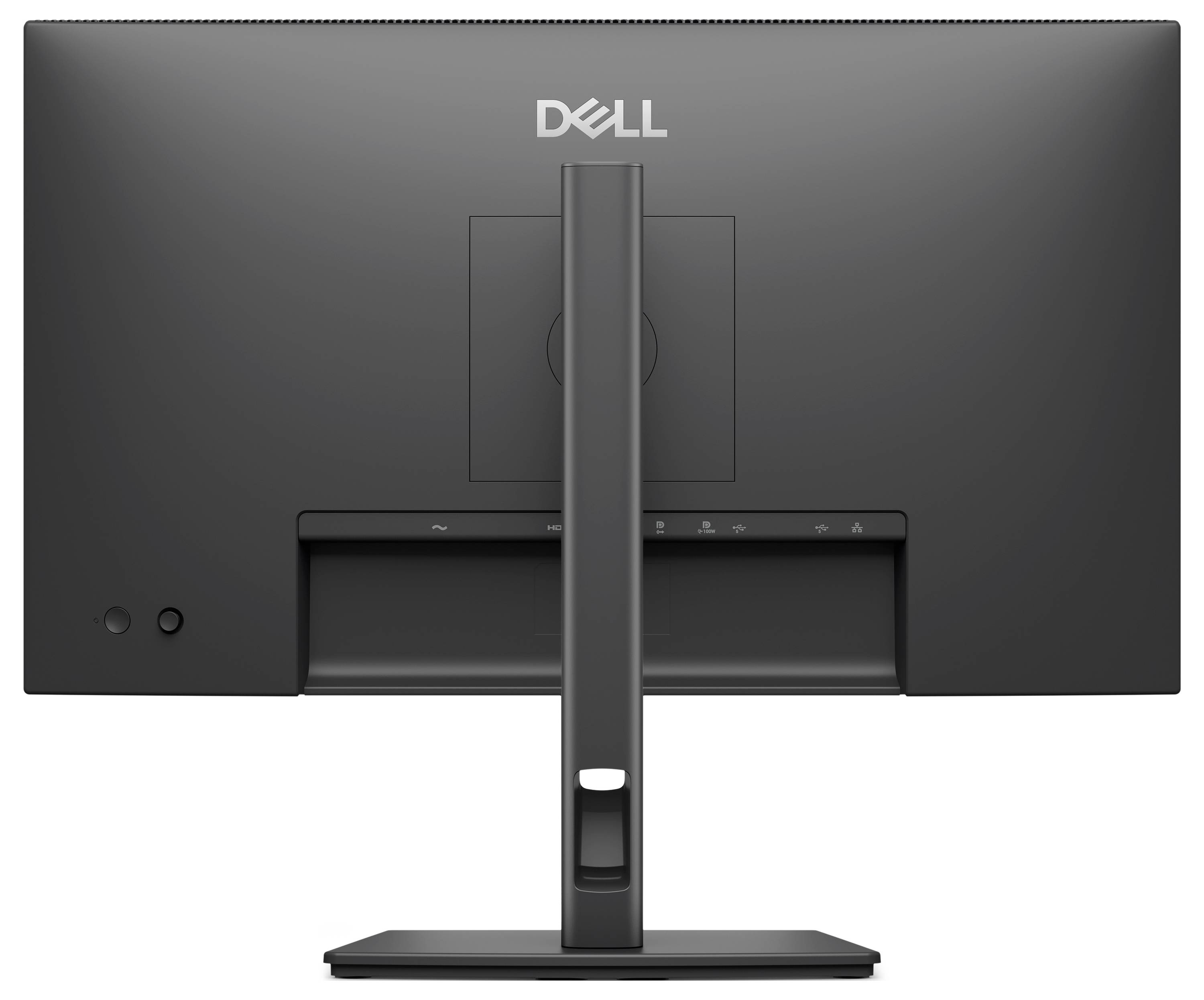 Zadní pohled na stolní monitor Dell na stojanu, ukazující zadní panel a oblast s kabely.