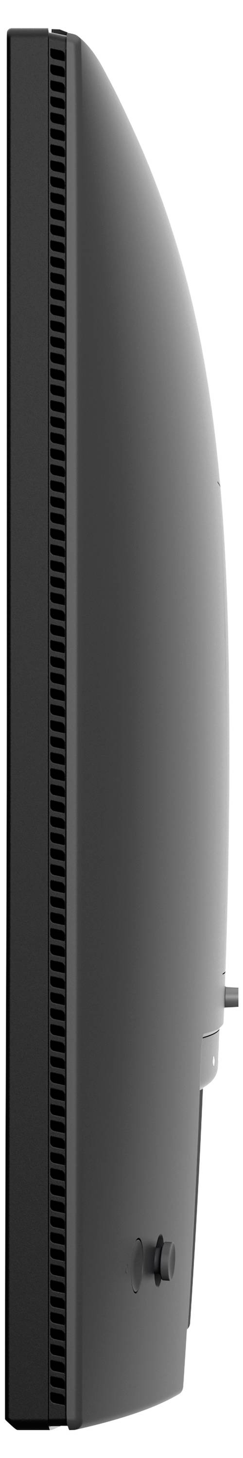 Pohled ze strany na štíhlý černý stolní počítač nebo monitor s obloukovitým zadním dílem a svislými ventilačními štěrbinami.