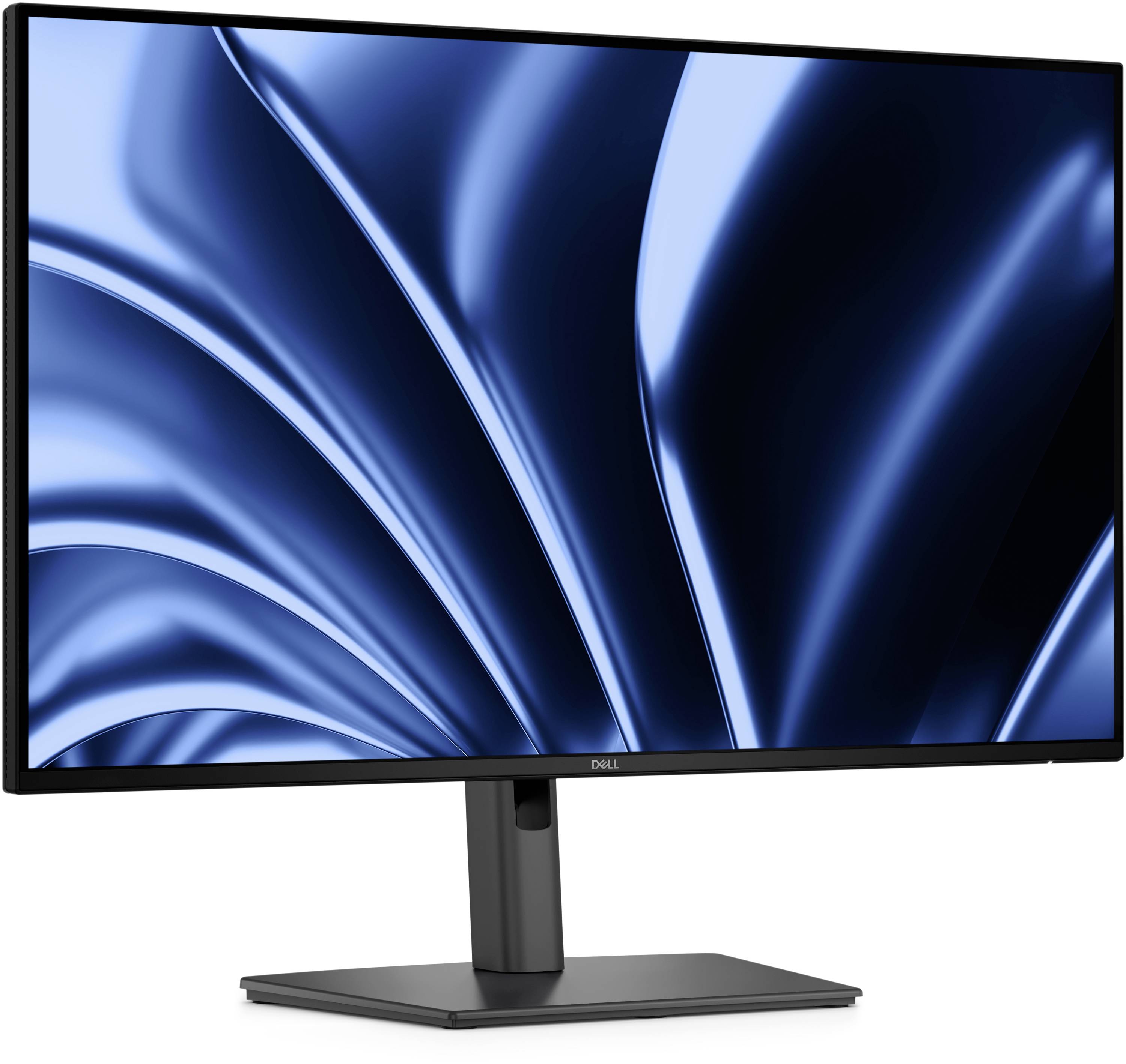 Dell monitor zobrazující modrou abstraktní vlnovou tapetu na bílém pozadí.