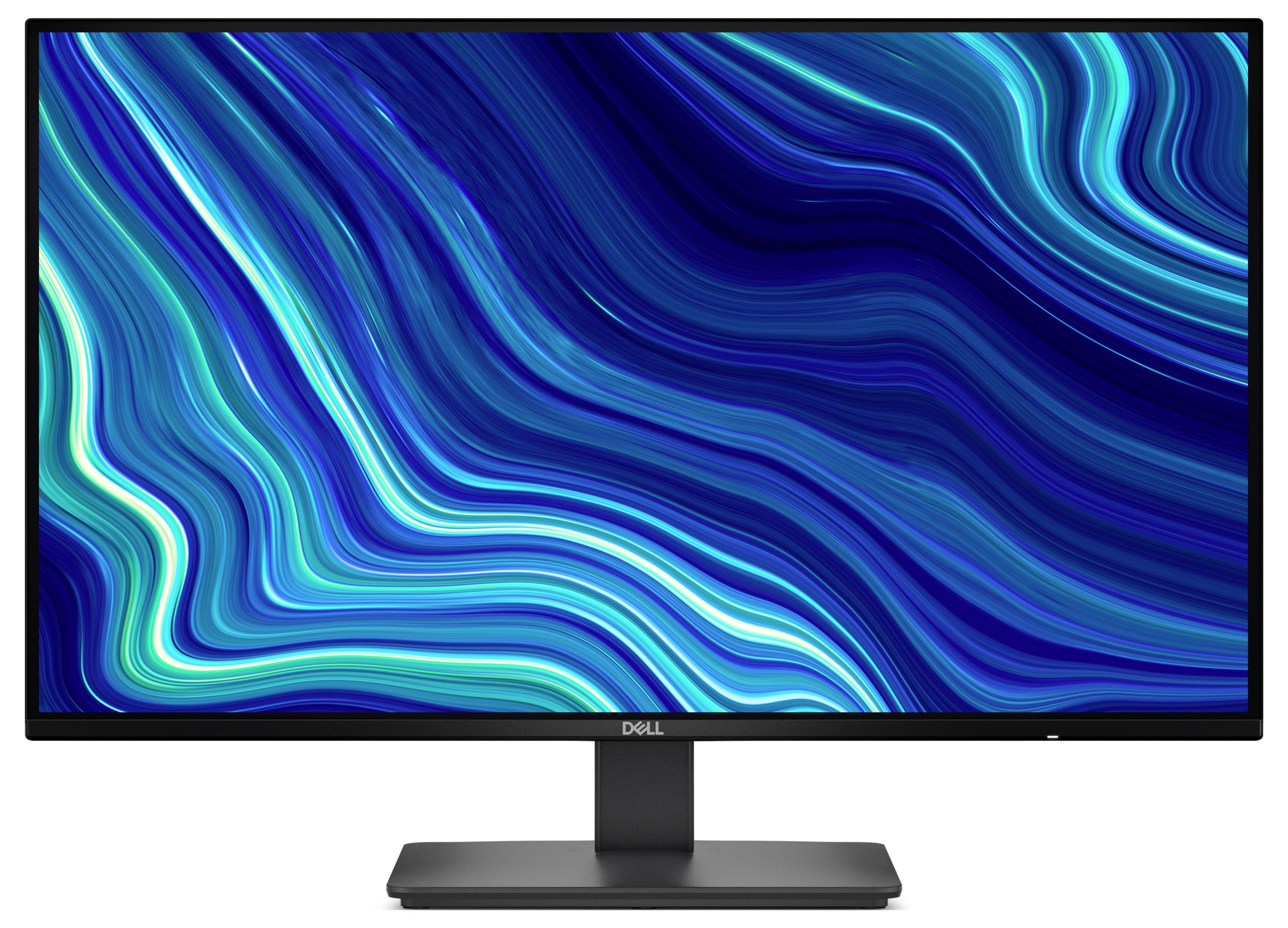 Přední pohled na počítačový monitor Dell zobrazující abstraktní modré a modrozelené proudící vlnité vzory na bílém pozadí.
