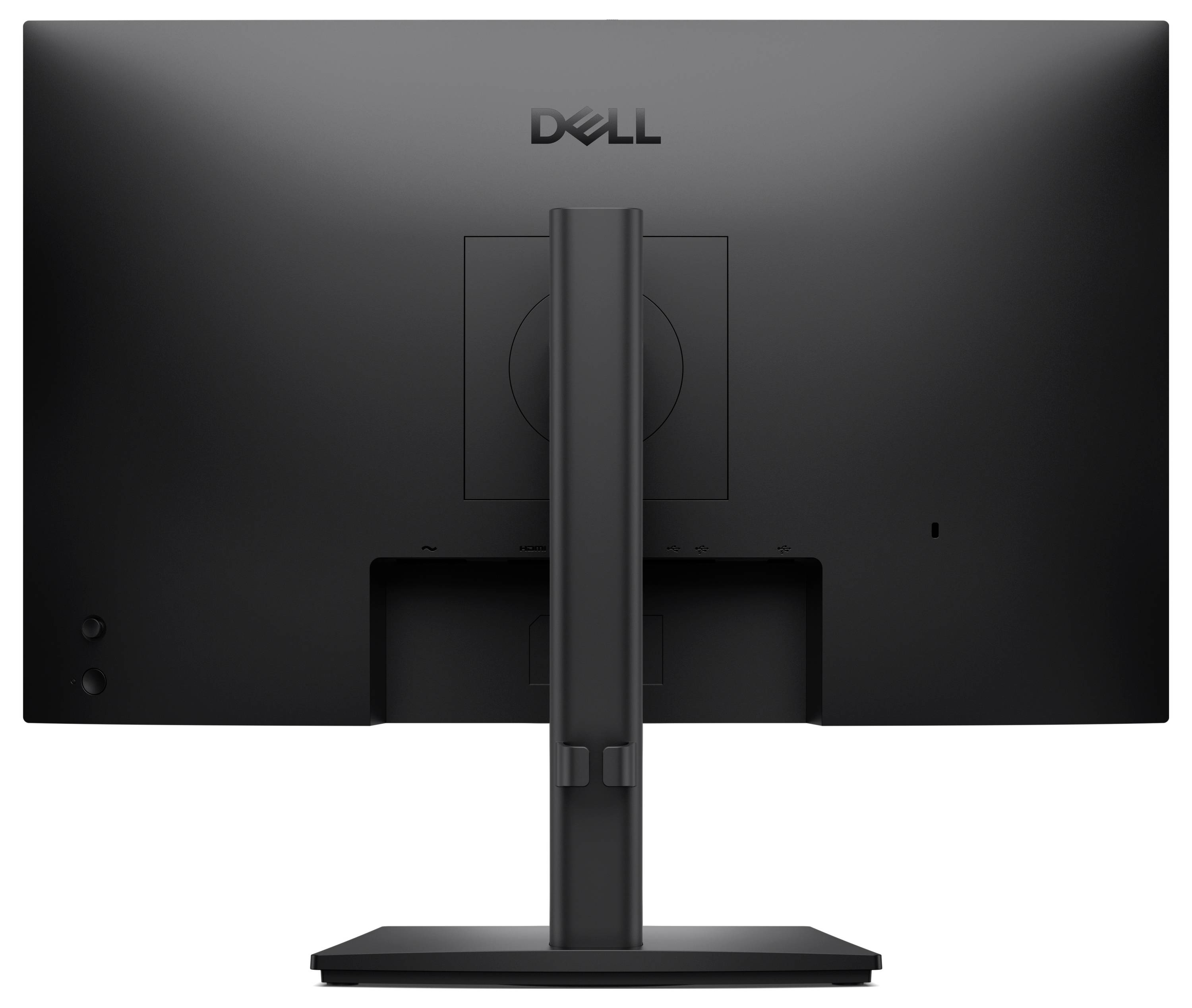 Zadní pohled na monitor Dell na stojanu, zobrazující centrální sloupec podpory a obdélníkový otvor pro správu kabelů.