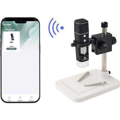 Aplikace pro chytrý telefon „DLscope" bezdrátově připojená k digitálnímu mikroskopu na stojanu, zobrazující obvyklé použití a párování zařízení.