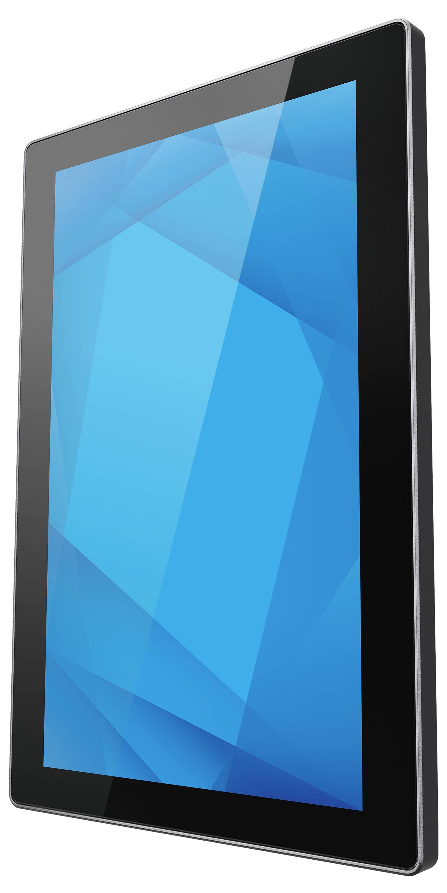 Černý tablet s prázdnou modrou obrazovkou zobrazený v úhlu na bílém pozadí.