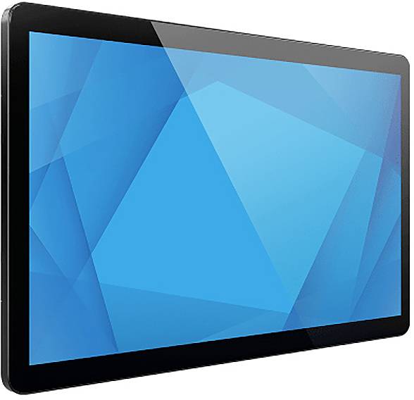 Černý tablet nebo monitor s modrou geometrickou abstraktní obrazovkou, zobrazený v úhlu na bílém pozadí.