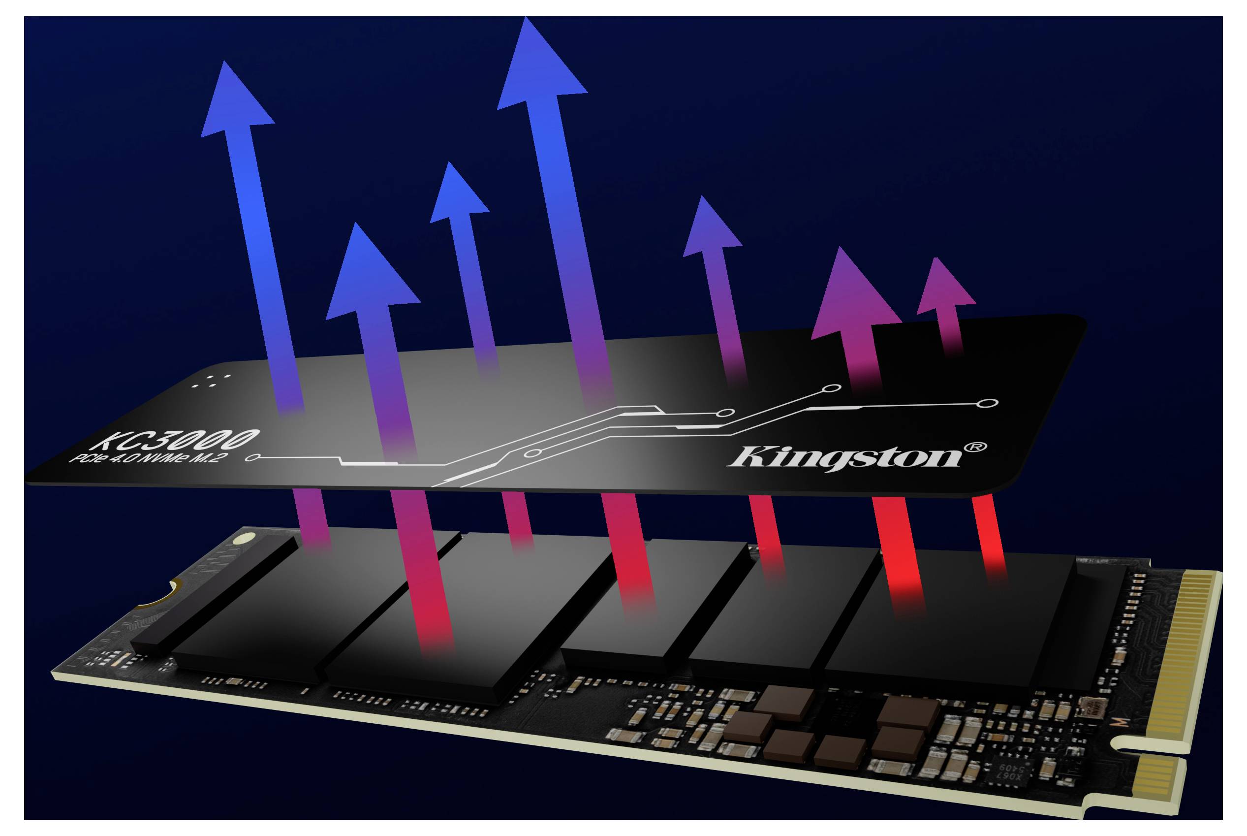 Rozložený pohled na Kingston KC3000 NVMe SSD, ukazující chladič zvedající se z desky plošných spojů se šipkami směřujícími nahoru indikujícími odvod tepla.
