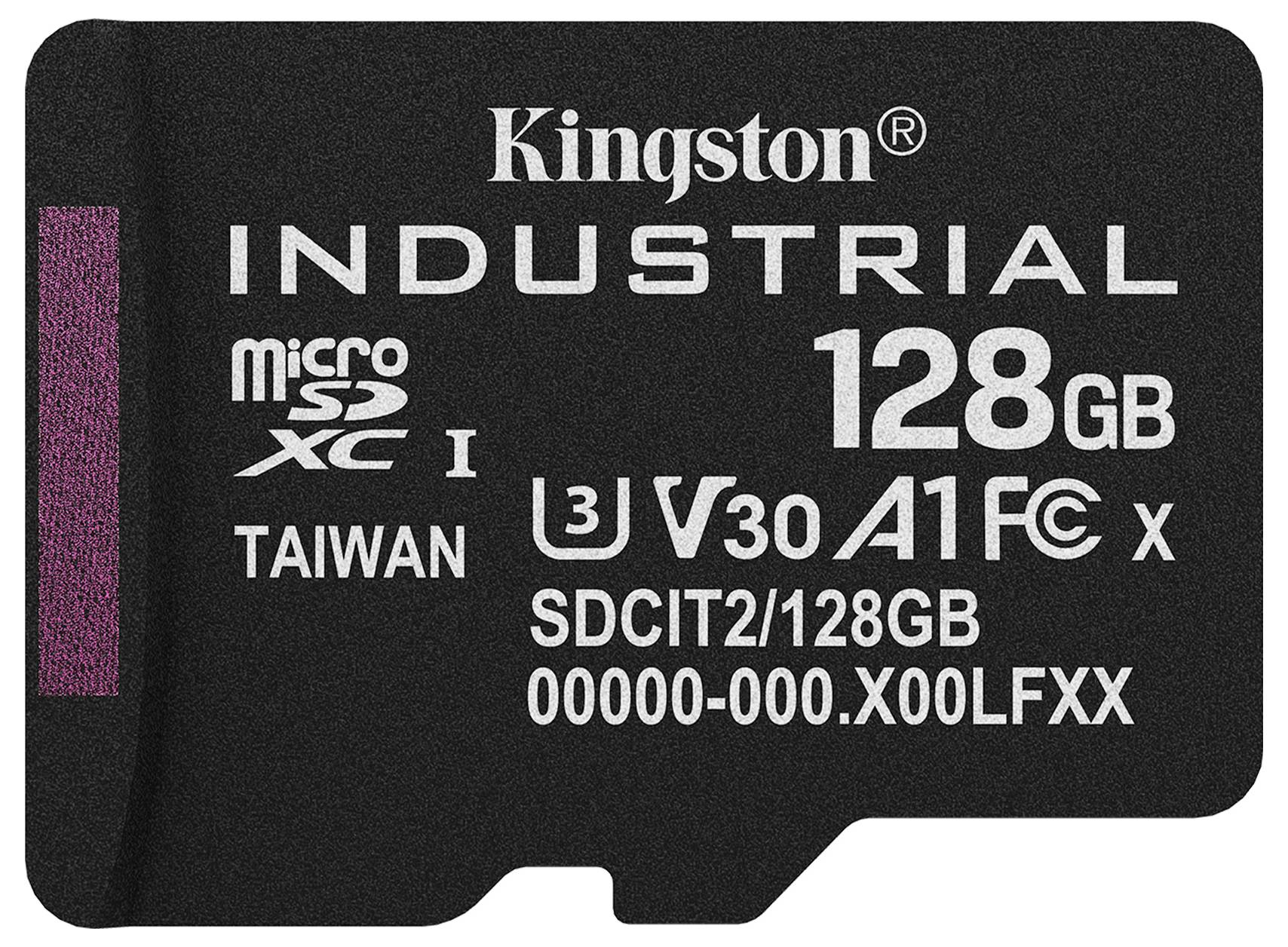 Kingston Industrial 128GB microSD karta, označena U3, V30, A1, C10, SDCTI2/128GB, Tchaj-wan.
