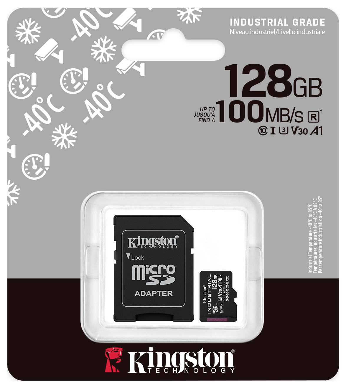 Kingston 128GB průmyslová microSD karta a adaptérový balíček, s rychlostí 100MB/s a určená pro použití v rozmezí -40°C až 85°C.
