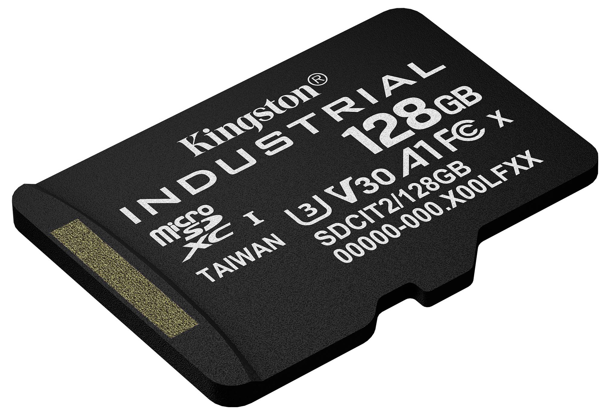 Kingston Industrial 128GB microSD paměťová karta zobrazená v úhlu na bílém pozadí.