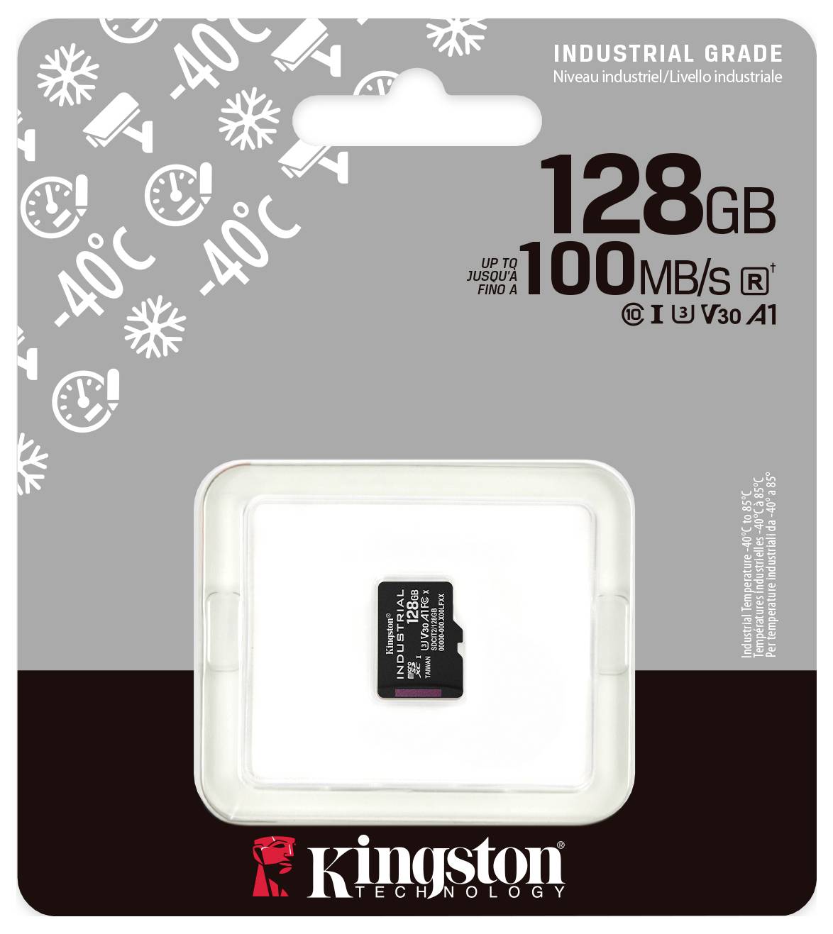 Kingston průmyslová třída 128GB microSD karta, rated 100MB/s, pro teploty od -40°C do 85°C.