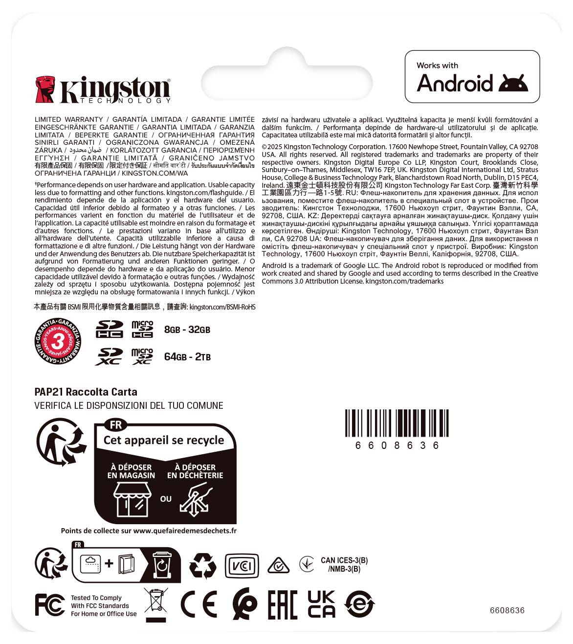 Kingston microSD karta - zadní strana balení s podrobnostmi o produktu, textem záruky, pokyny k recyklaci, čárovým kódem a logem "Funguje s Androidem".
