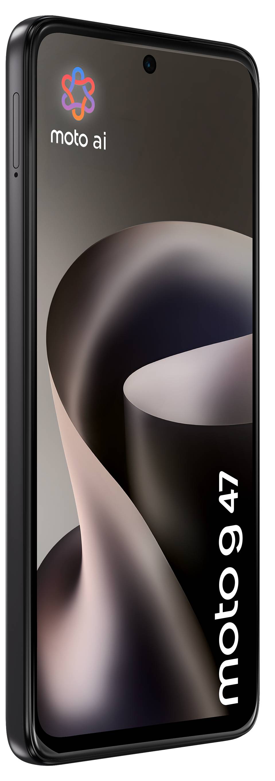 Smartphone Motorola zobrazený v předním pohledu s logem 'moto ai' na displeji a textem 'moto g 47' podél pravého okraje.