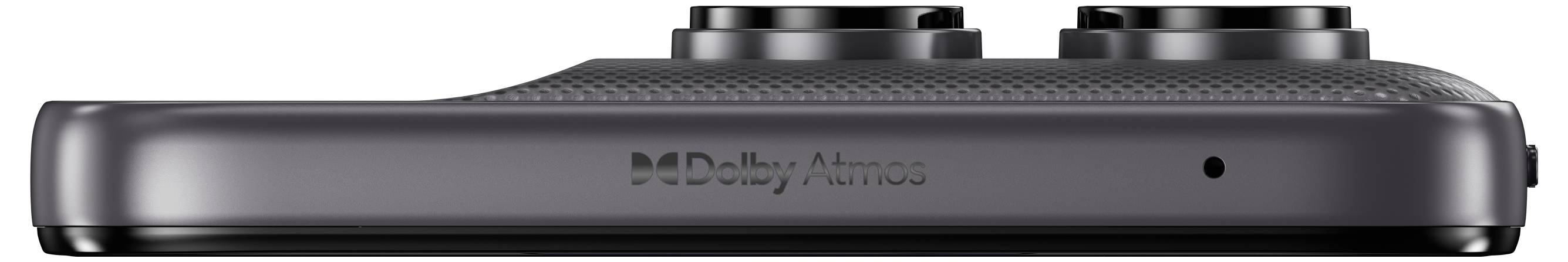 Boční pohled na černé zařízení pro streamování médií s oblými hranami, přední stavový indikátor, značkou Dolby Atmos a porty viditelnými na horní straně.