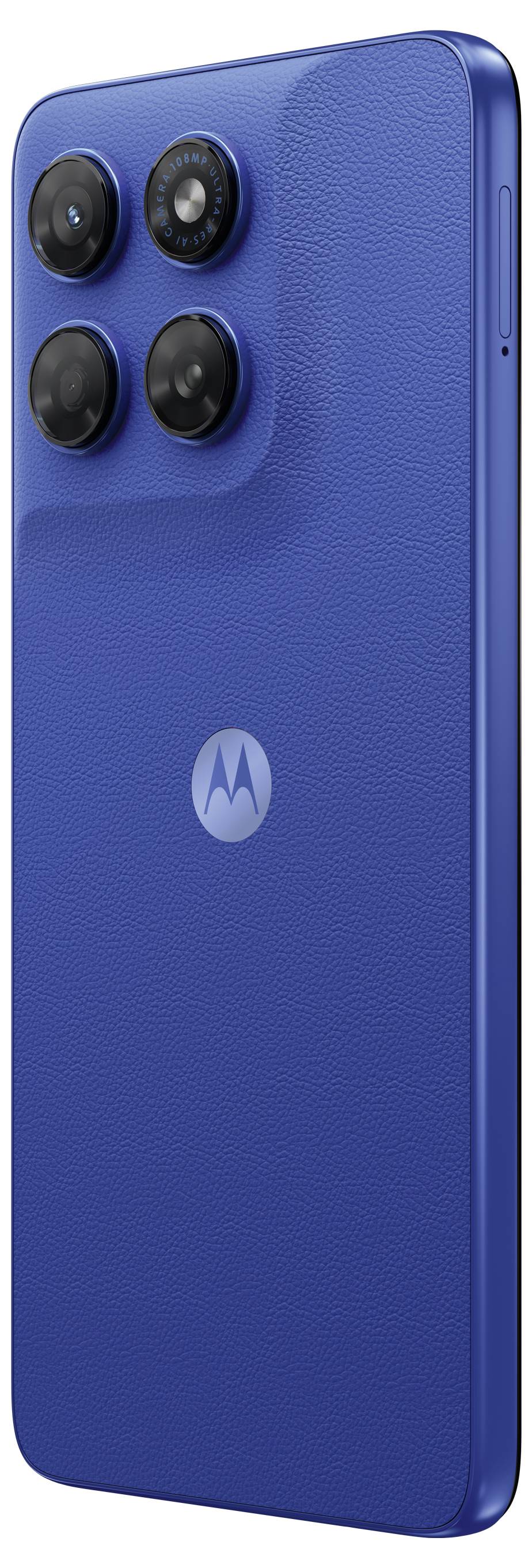 Modrý smartphone Motorola zobrazený zezadu se čtyřmi zadními fotoaparáty v čtvercovém uspořádání a vycentrovaným logem Motorola.