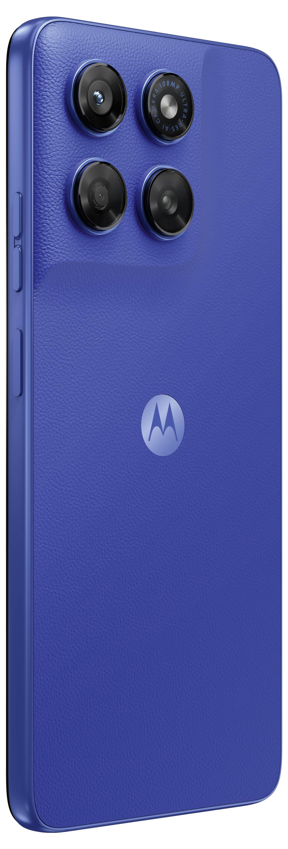 Modrý smartphone Motorola zobrazený zezadu se čtyřmi zadními objektivy kamery v čtvercovém modulu a logem Motorola vycentrovaným dole.