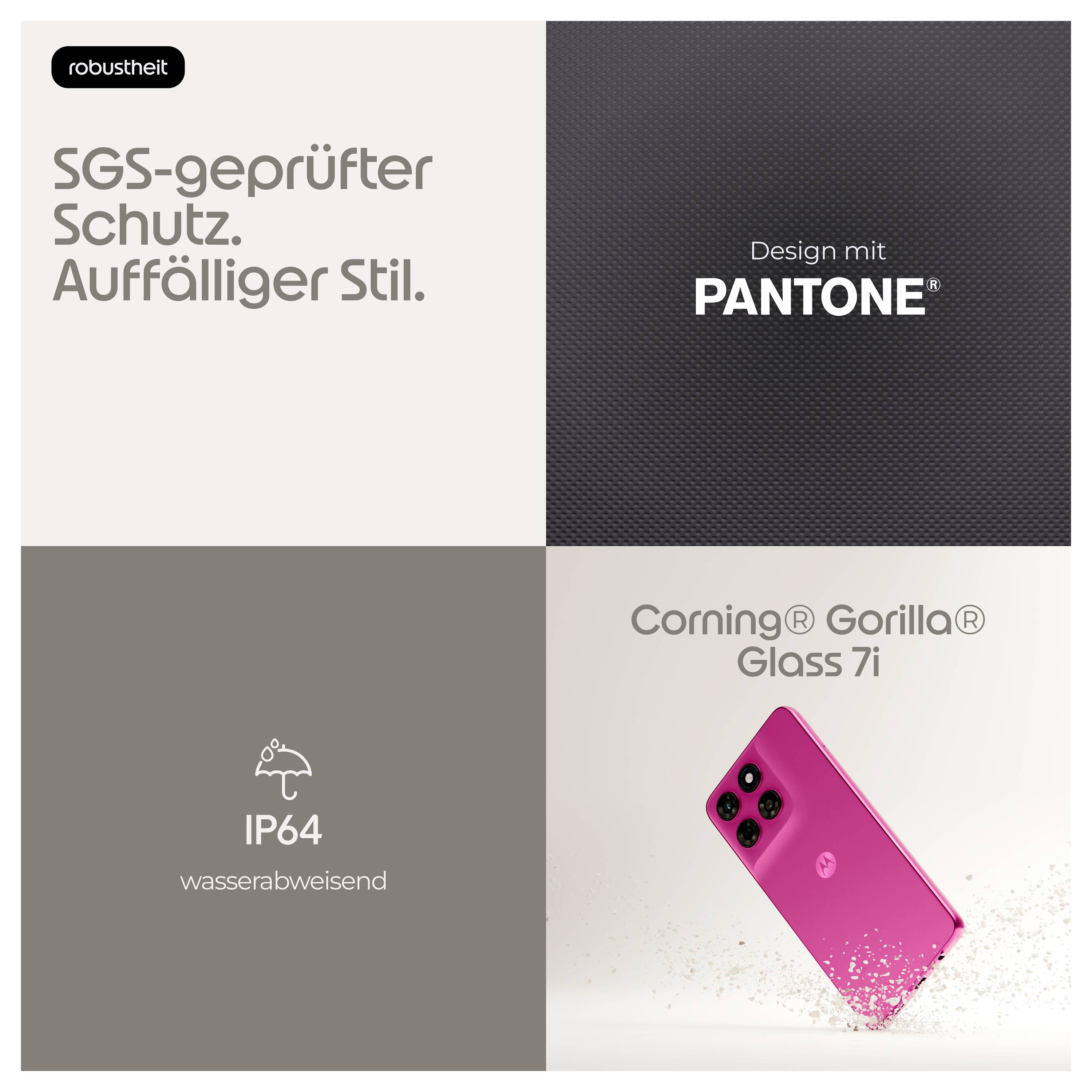 Čtyřpanelový inzerát na pouzdro na telefon: SGS testovaná ochrana, design PANTONE, vodotěsnost IP64 a Corning Gorilla Glass 7i s obrázkem růžového pouzdra.