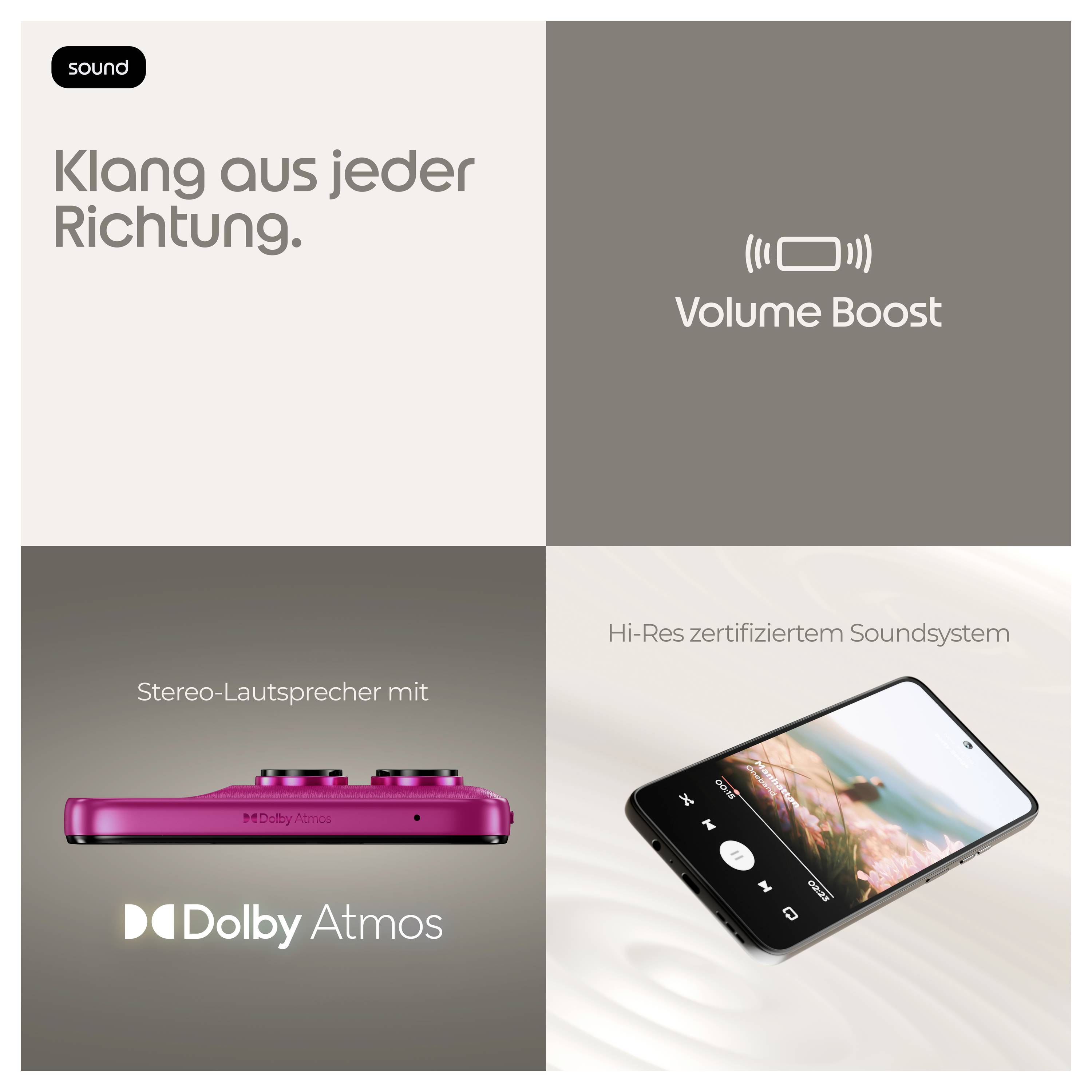 Zvuk ze všech směrů a zvýšení hlasitosti, spolu se stereo reproduktory s Dolby Atmos a zvukovým systémem certifikovaným pro Hi-Res, který je znázorněn s telefonem.