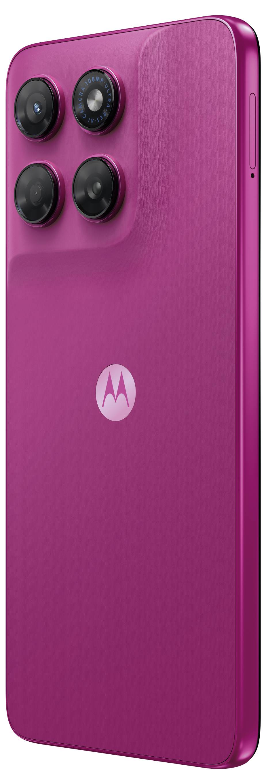 Růžový smartphone Motorola zobrazený zezadu se čtyřmi kamerami v čtvercovém uspořádání a logem Motorola uprostřed.