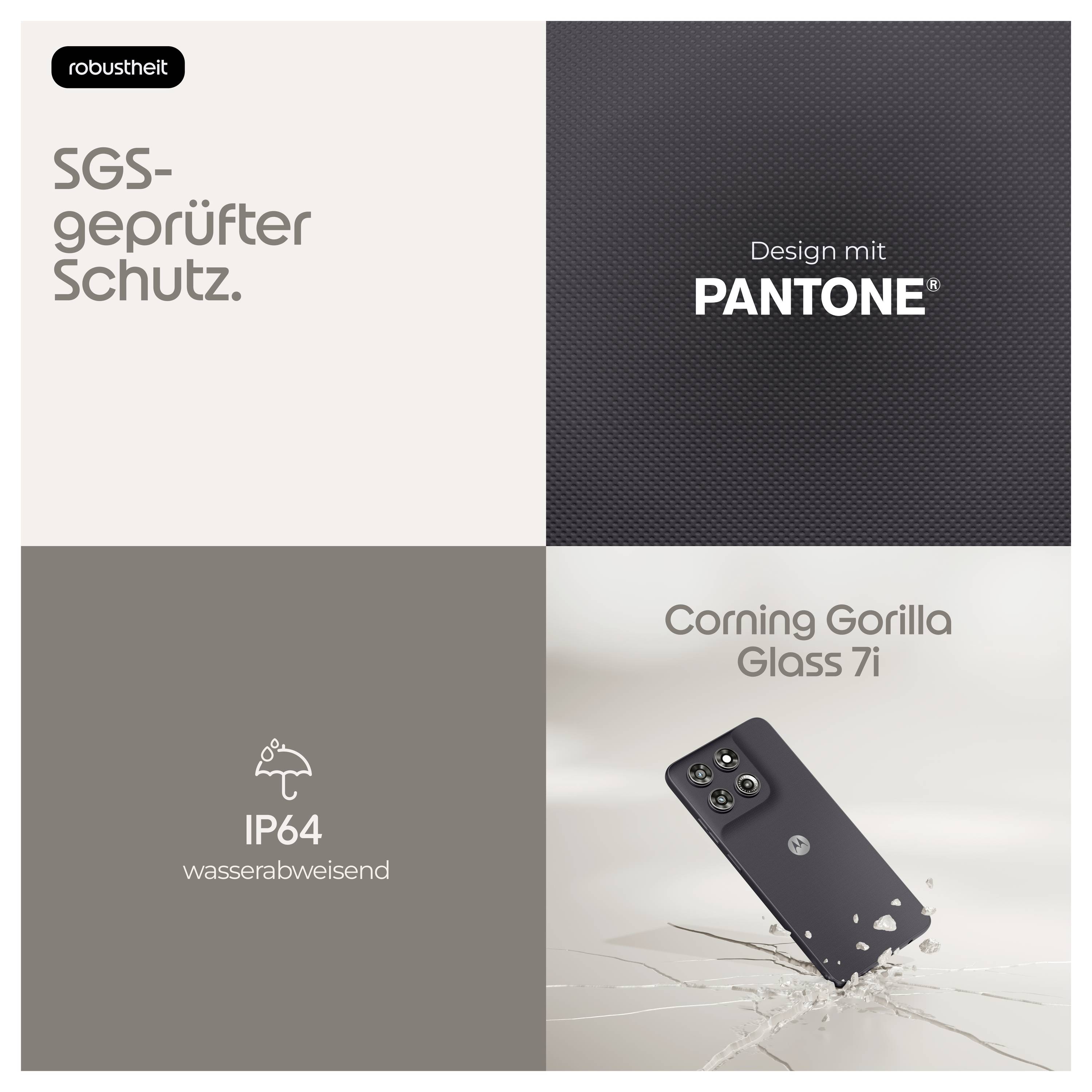 Čtyřpanelová reklama na produkt: Ochrana certifikovaná SGS, design s PANTONE, vodotěsnost IP64 a Corning Gorilla Glass 7i pro odolný telefon.