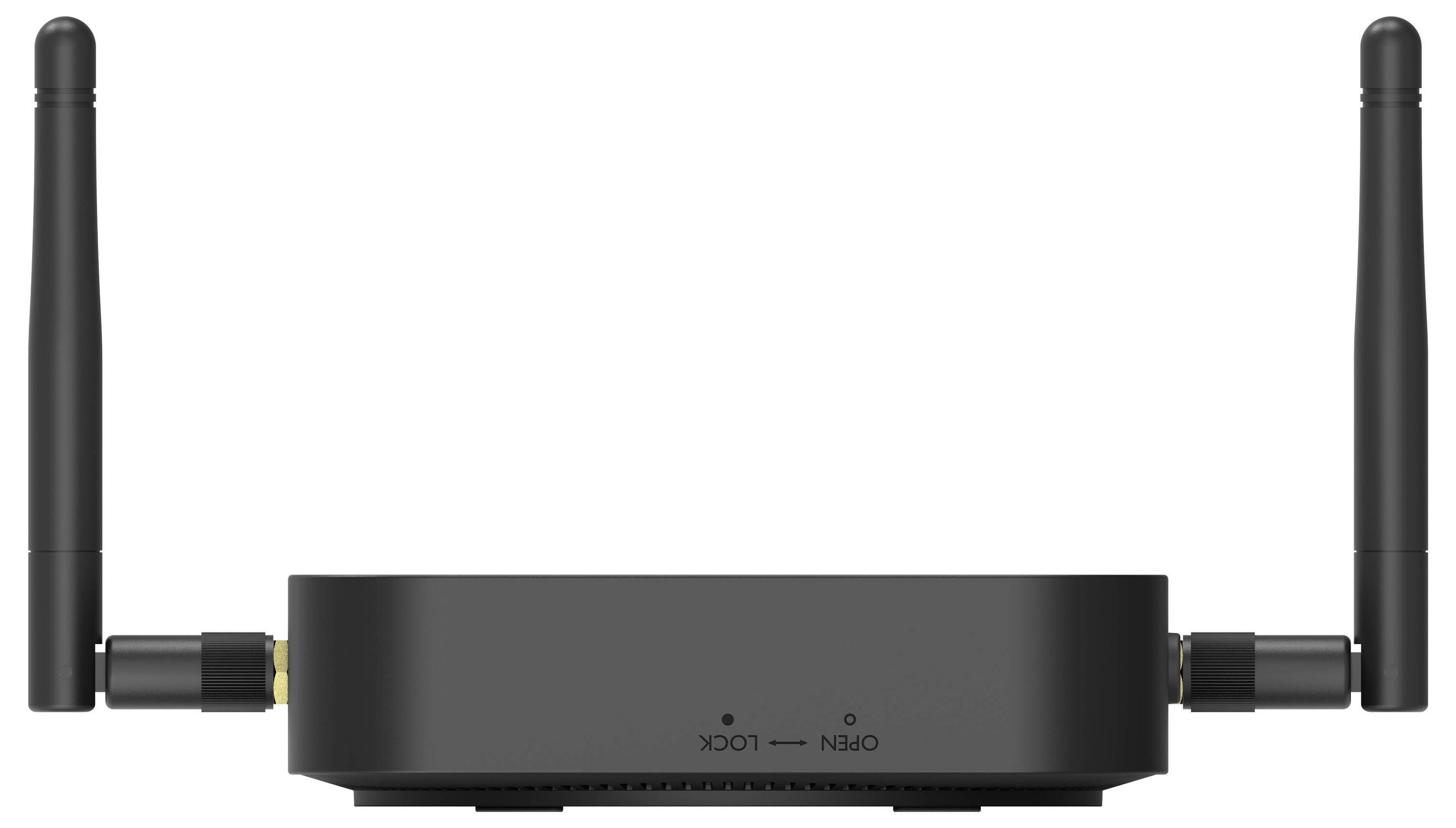 Černý Wi‑Fi router se dvěma vzpřímeným anténami, zobrazený ze předního pohledu na bílém pozadí.