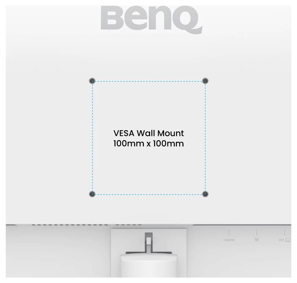 Displej BenQ ukazující kompatibilitu nástěnného držáku VESA, vzor připevnění 100 mm x 100 mm zvýrazněný tečkovaným čtvercem.