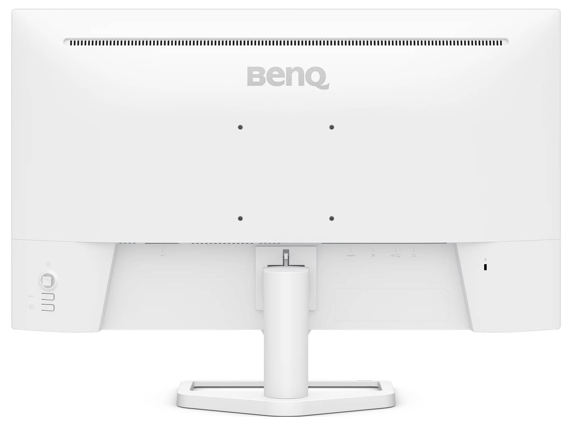 Zadní pohled na bílém monitoru BenQ na stojanu, zobrazující značený zadní panel a ventilační slot.