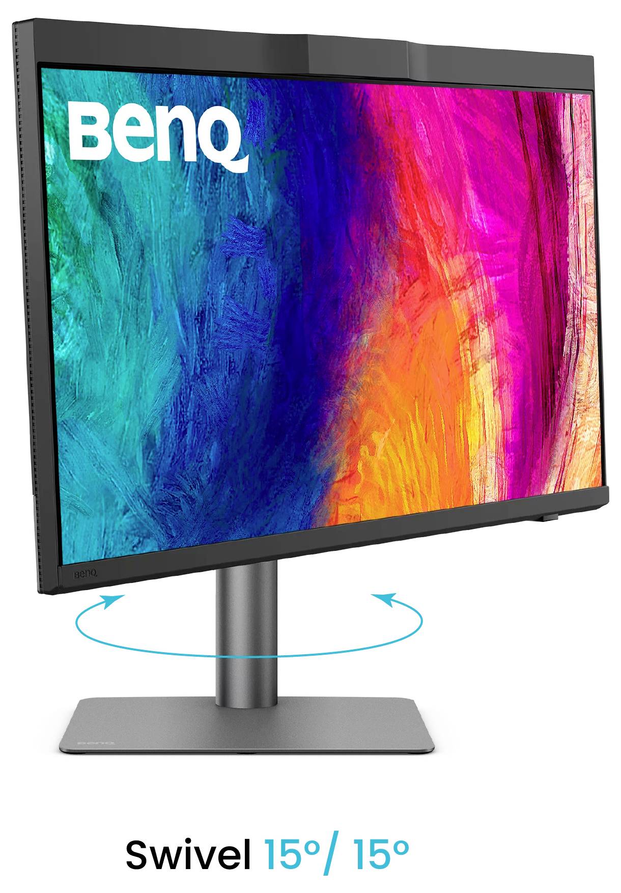 Monitor BenQ na stojanu zobrazený otáčející se o 15° doleva a doprava.