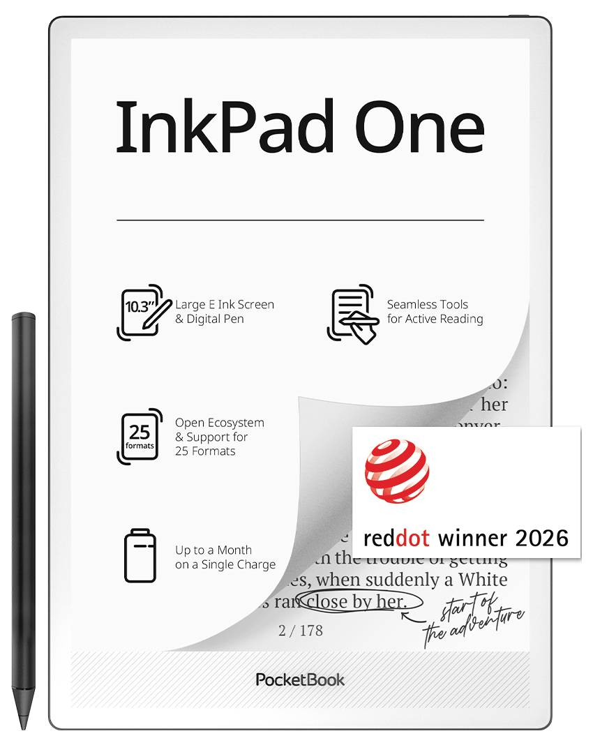 Produktový obrázek čtečky elektronických knih „InkPad One" se stylusem, který zvýrazňuje 10,3palcový e-ink displej, digitální pero, nástroje na čtení, podporu 25 formátů a dobu baterie až jeden měsíc; ocenění Red Dot Winner 2026.