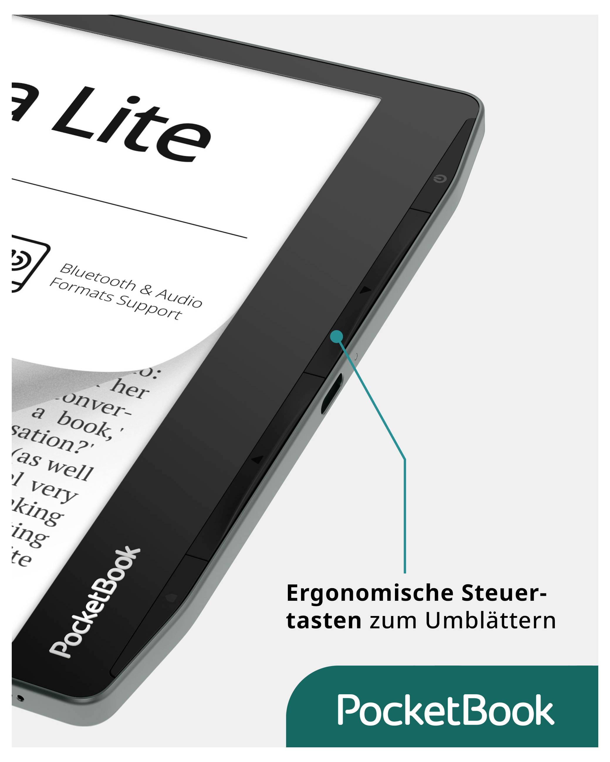 Detailní pohled na e-čtečku PocketBook se zvýrazněným tlačítkem pro převracení stran; text říká "Ergonomické ovládací tlačítka pro převracení stran" a "PocketBook".
