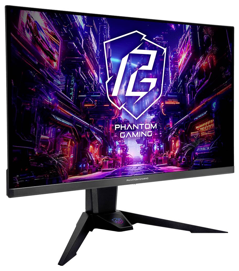 Černý herní monitor na stojanu zobrazující neonový cyberpunkový logo "PHANTOM GAMING" a městskou krajinu na obrazovce.