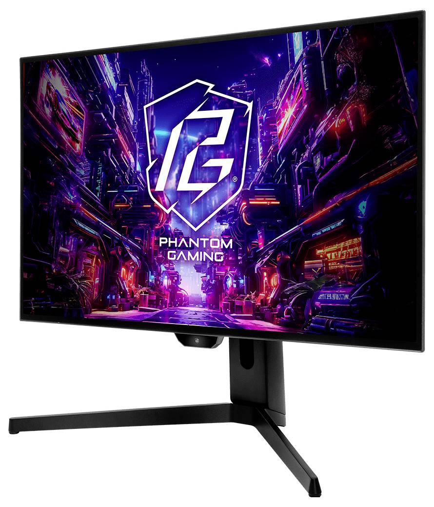 Monitor Phantom Gaming zobrazující neonový sci-fi krajinu města a stylizované logo "PG" na obrazovce.