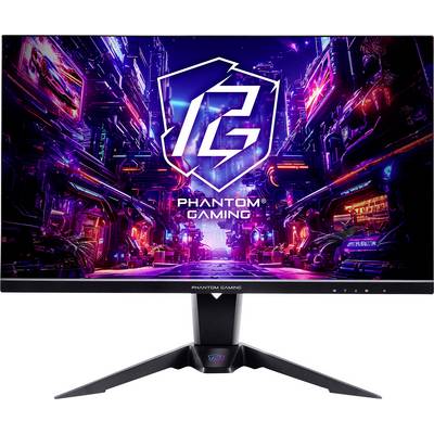 Monitor Phantom Gaming zobrazující neonový futuristický městský svět s logem „PG" a textem „PHANTOM GAMING", umístěný na podstavci.