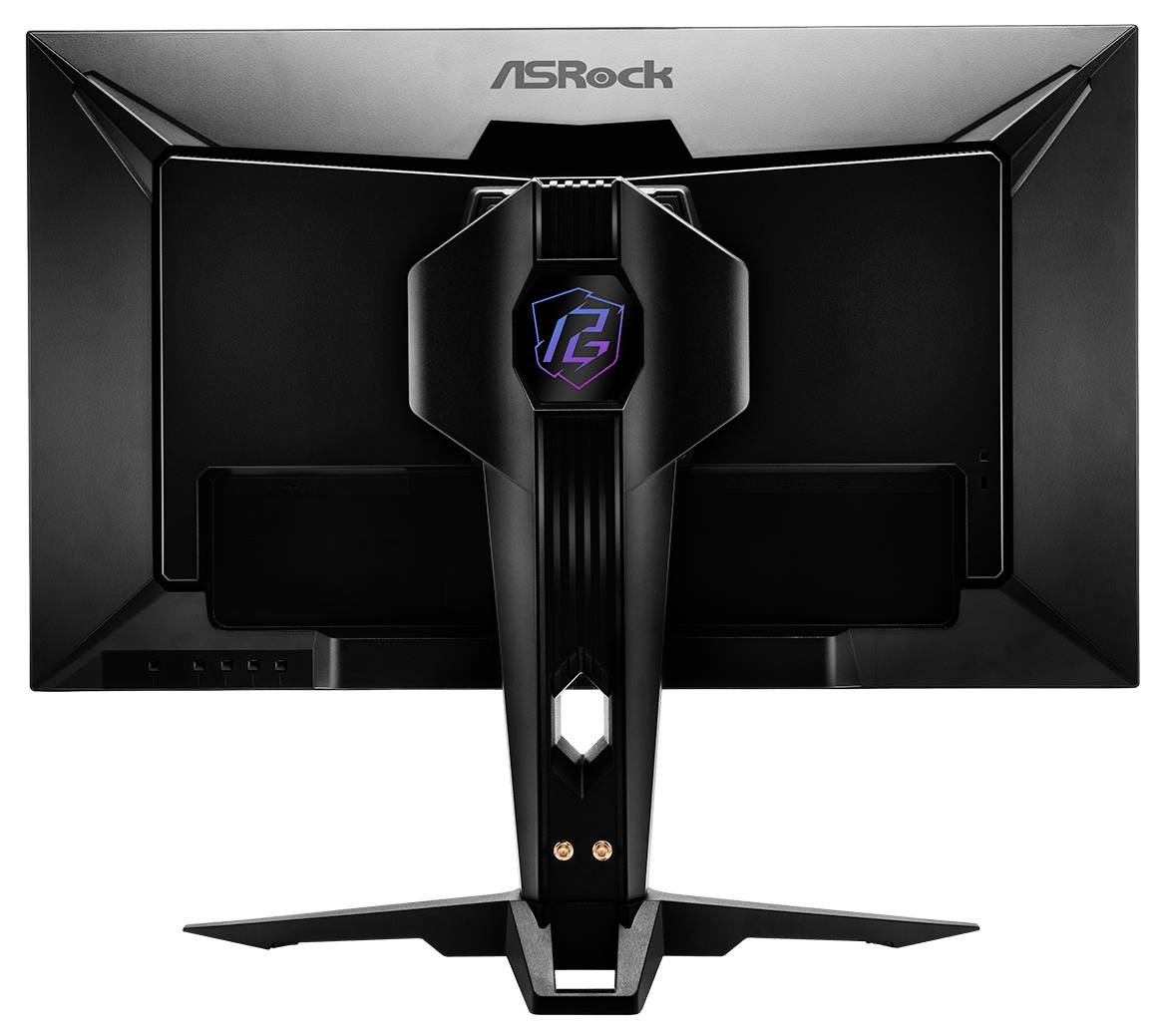 Zadní pohled na herní monitor ASRock s centrálním stojanem, úhlovaným černým designem a RGB logem na stojanu.