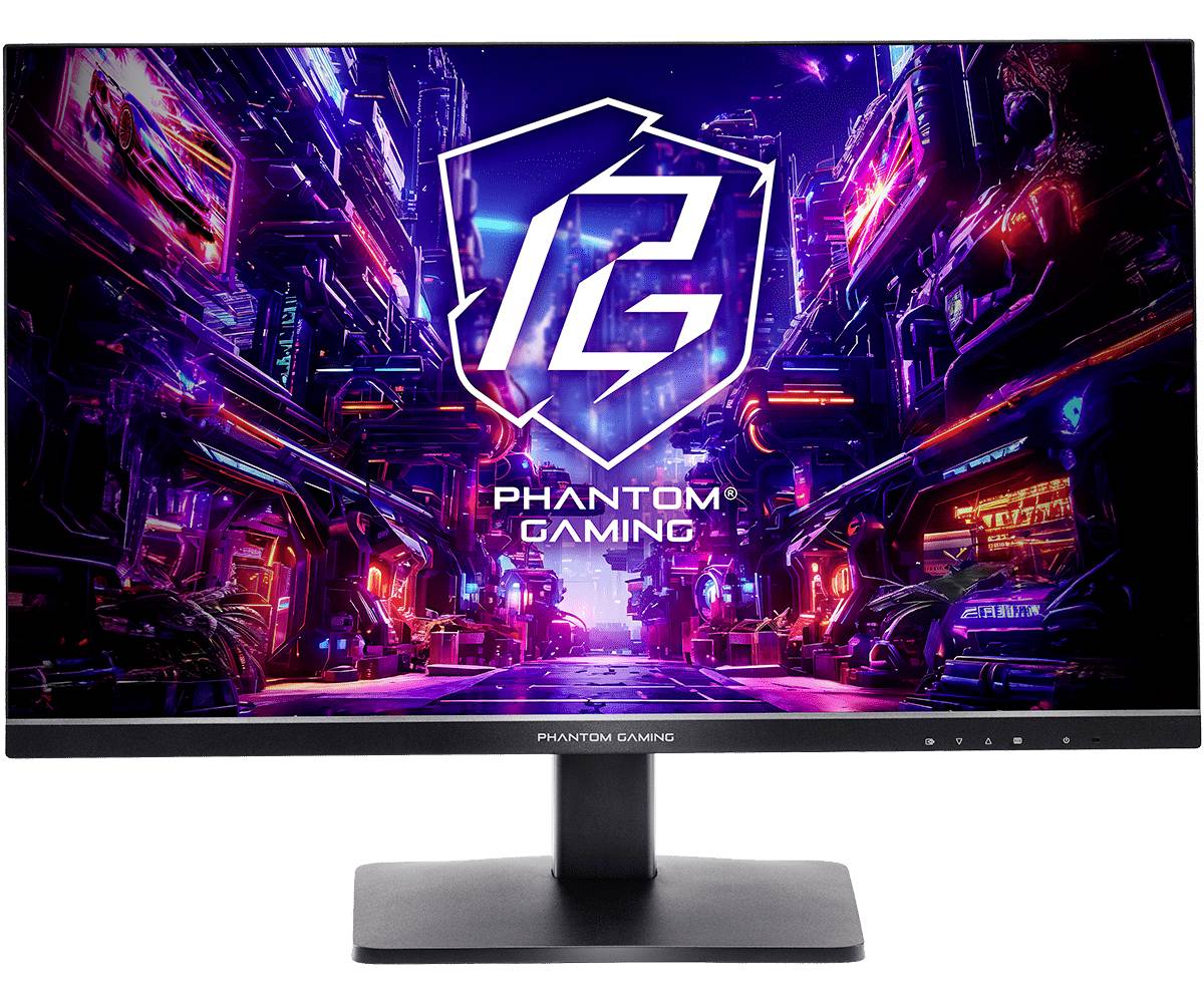 Herní monitor zobrazuje neonové futuristické město s logem „PG" a slovy „PHANTOM GAMING" na obrazovce.