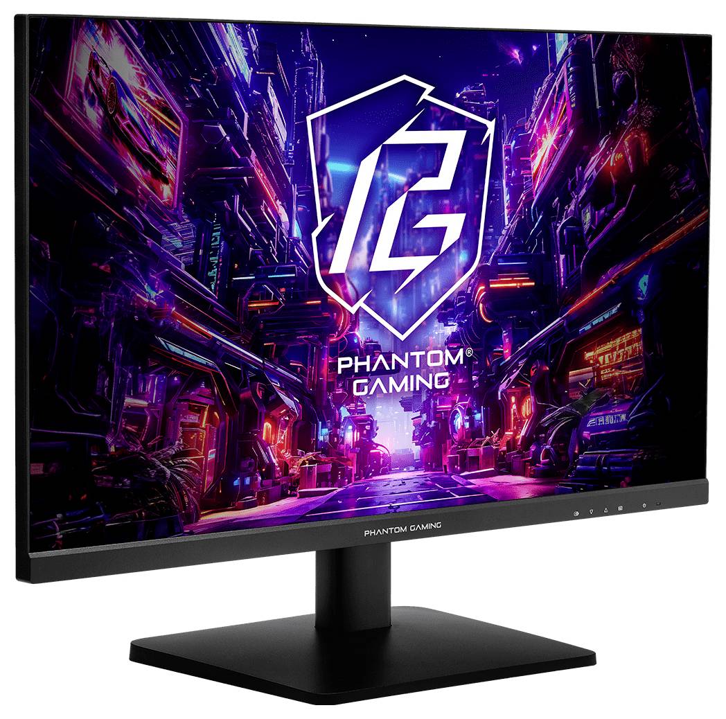 Phantom Gaming monitor zobrazující neonovou cyberpunková grafiku města s velkým logem štítu "PG" a textem "PHANTOM GAMING".