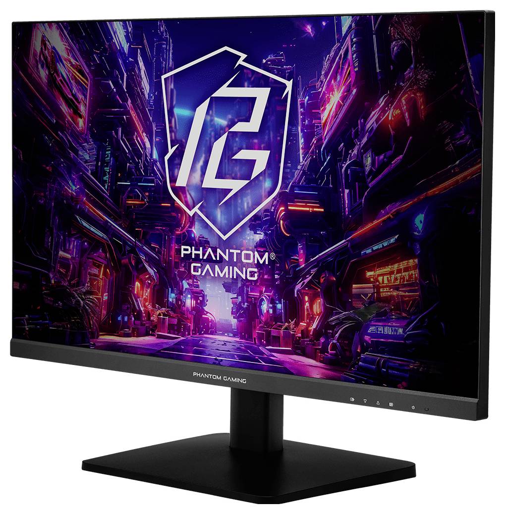 Herní monitor Phantom Gaming s neon cyberpunkovým městským panoramatem a velkým logem "PG" na obrazovce, černým stojanem a rámečkem.