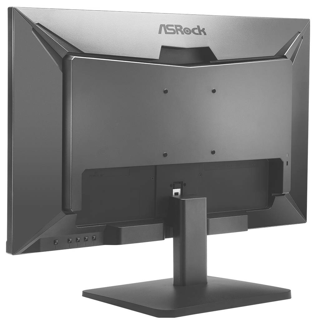 Zadní pohled na monitor ASRock na stojanu, ukazující zadní panel a oblast upevnění VESA.
