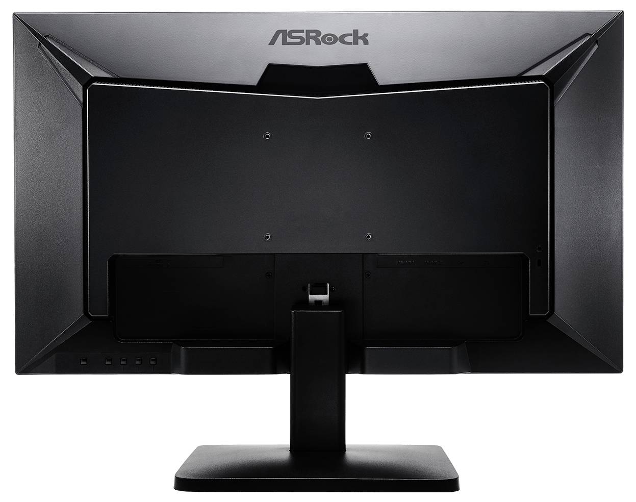 Zadní pohled na počítačový monitor ASRock na stojanu, zobrazující zadní panel a oblast kabelů.