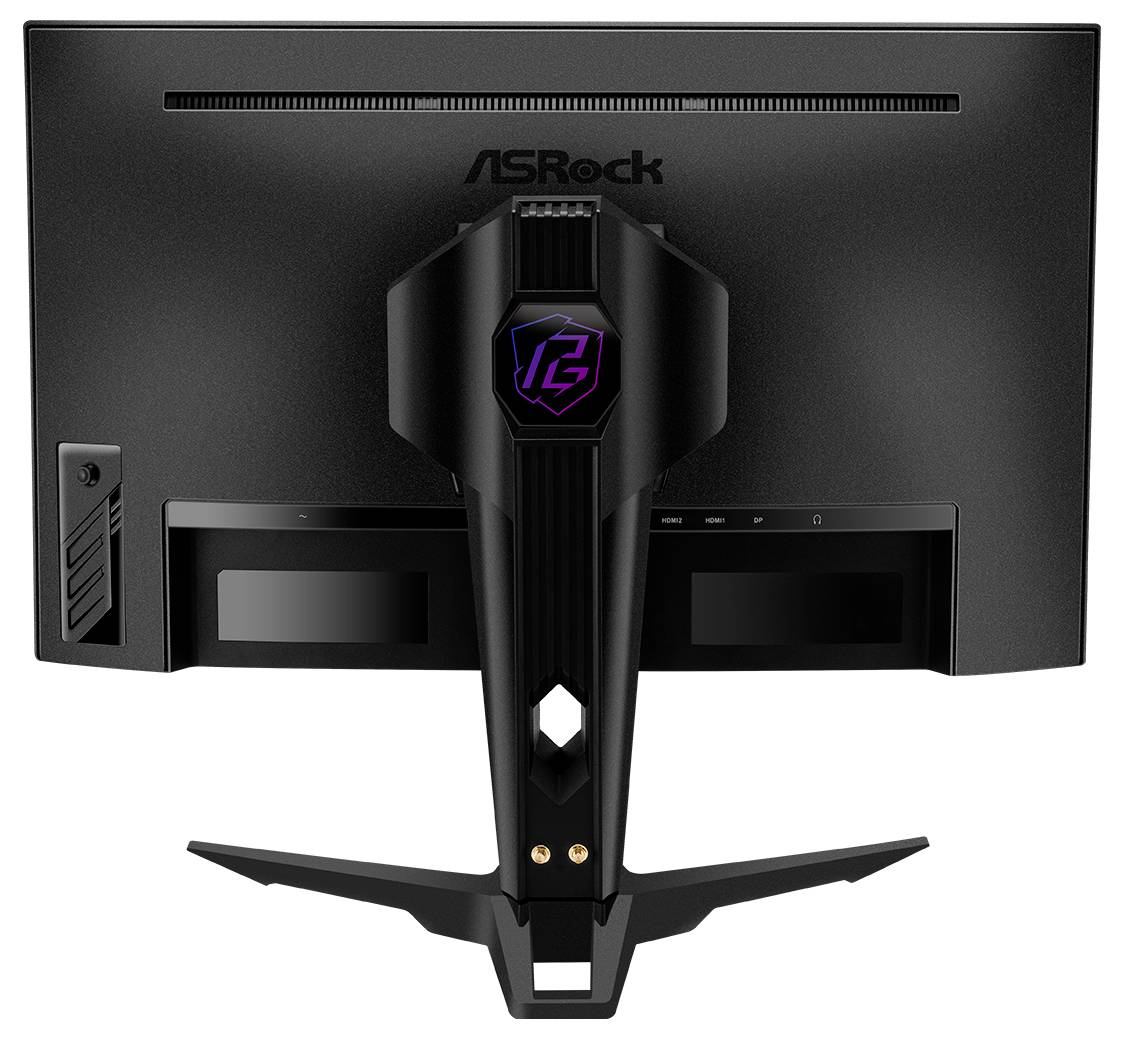 Zadní pohled na monitor ASRock se připojeným centrálním stojanem nebo držákem na sluchátka s nastavitelnými rameny a logem LED