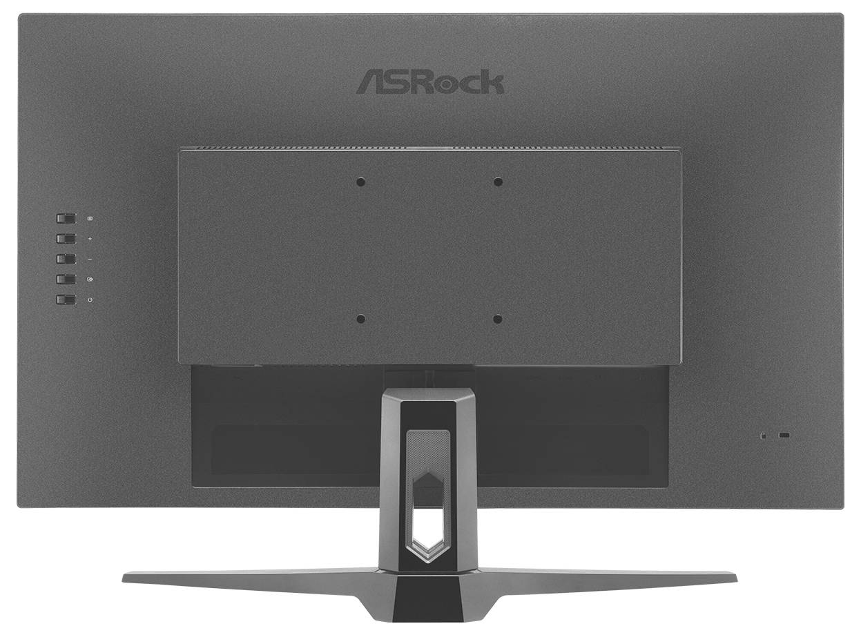 Zadní pohled na desktopový monitor ASRock na stojanu, který ukazuje zadní panel, oblast pro VESA montáž a nastavitelnou podstavu.