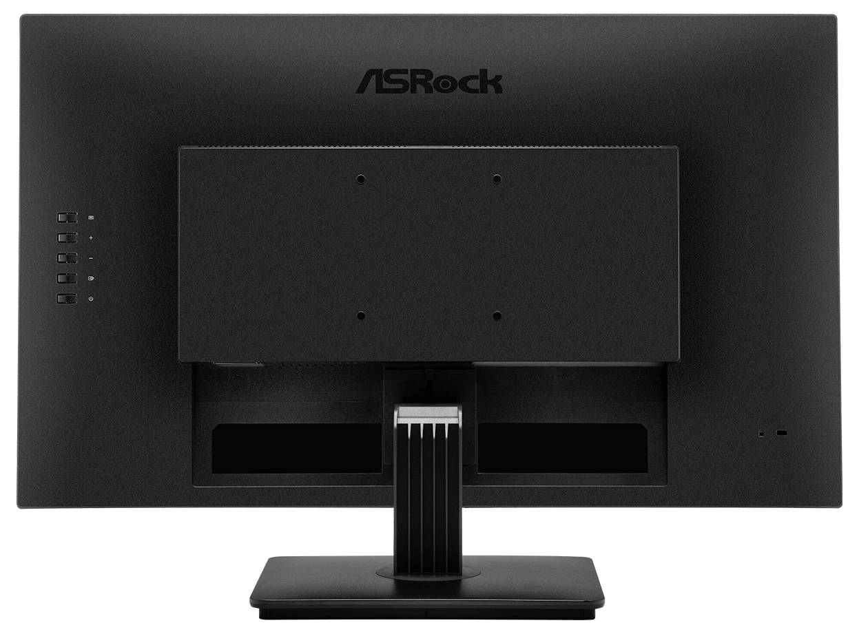 Zadní pohled na počítačový monitor ASRock na stojanu, který ukazuje zadní panel, otvor pro kabely a boční ovládací tlačítka.