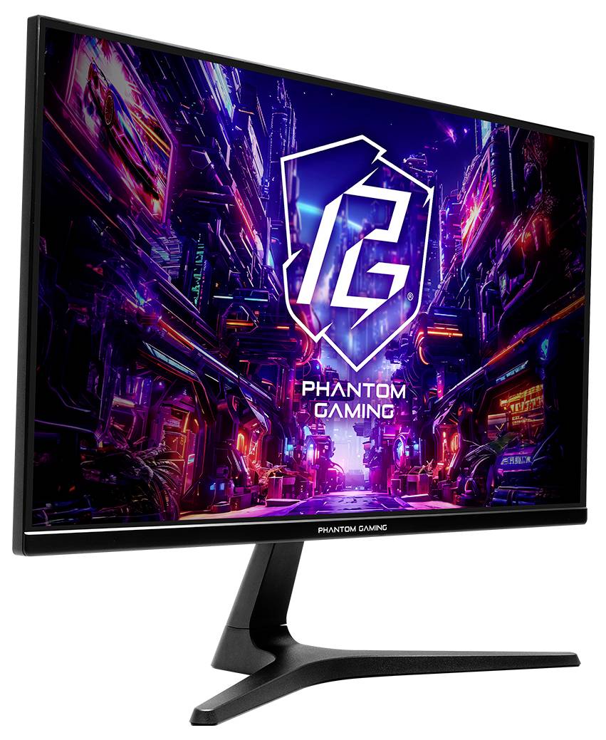 Herní monitor Phantom Gaming zobrazující neonovou scénu z cyberpunkového města s velkým logem "PG" a textem "PHANTOM GAMING".